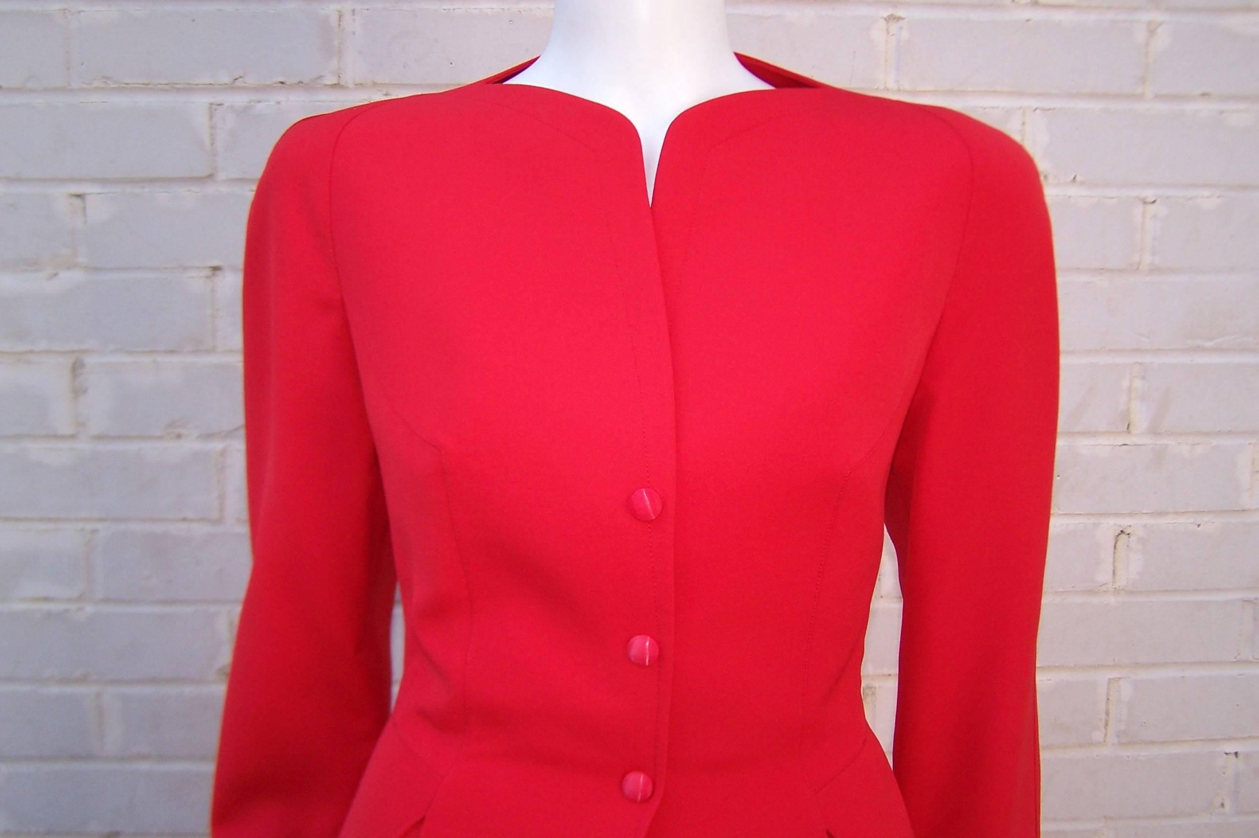 c.1990 Thierry Mugler Fiery Red Suit With Star Pockets & Stylized Skirt 4