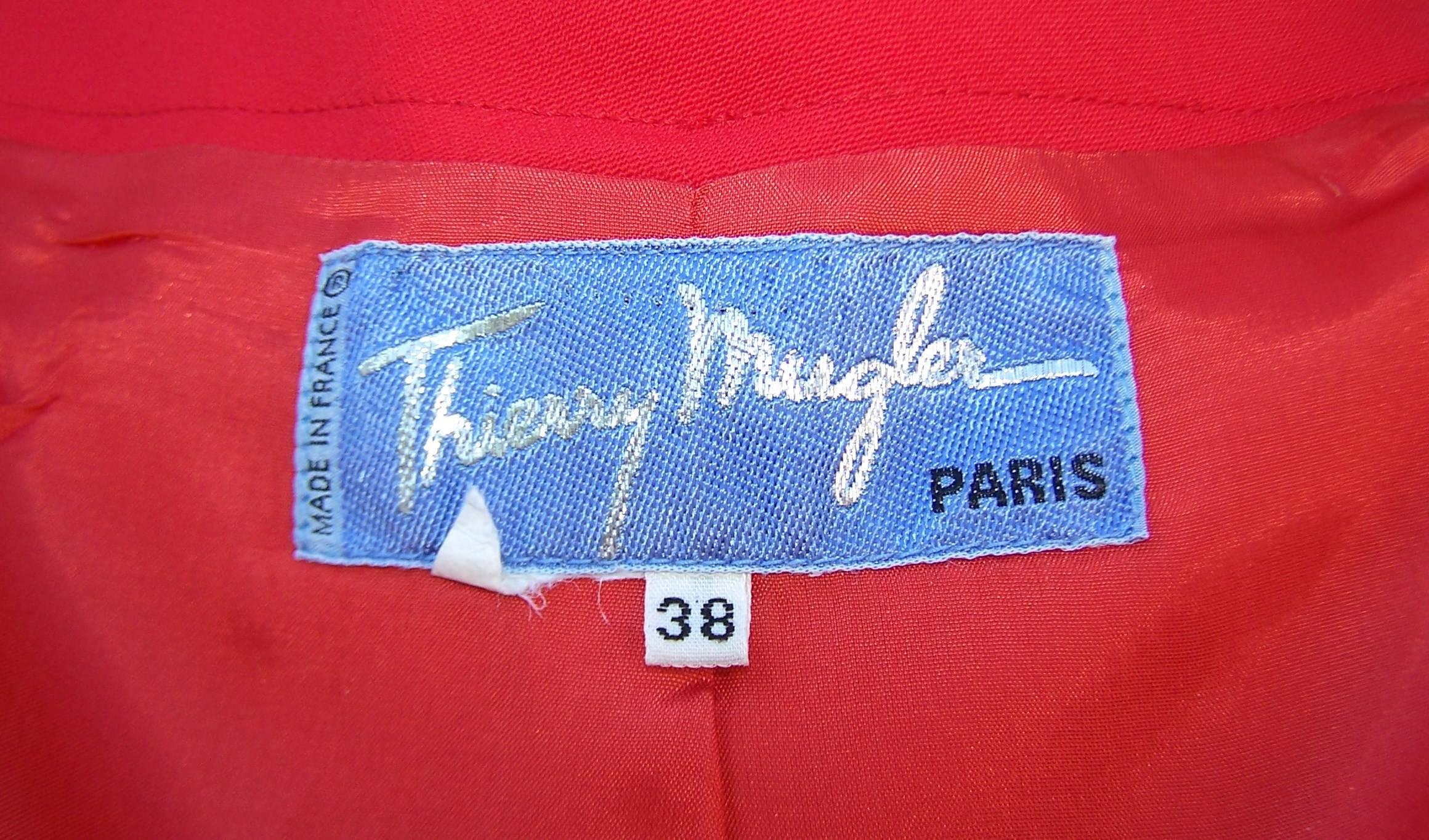 c.1990 Thierry Mugler Fiery Red Suit With Star Pockets & Stylized Skirt 6