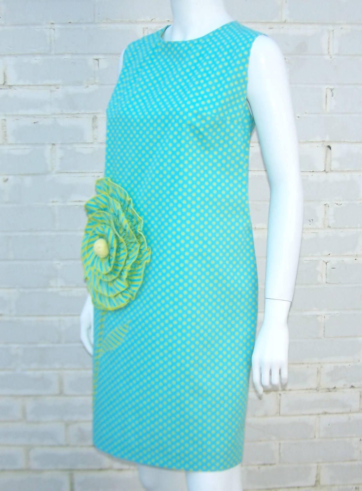 Blue c.1980 Mod Pop Art Cotton Polka Dot Shift Dress
