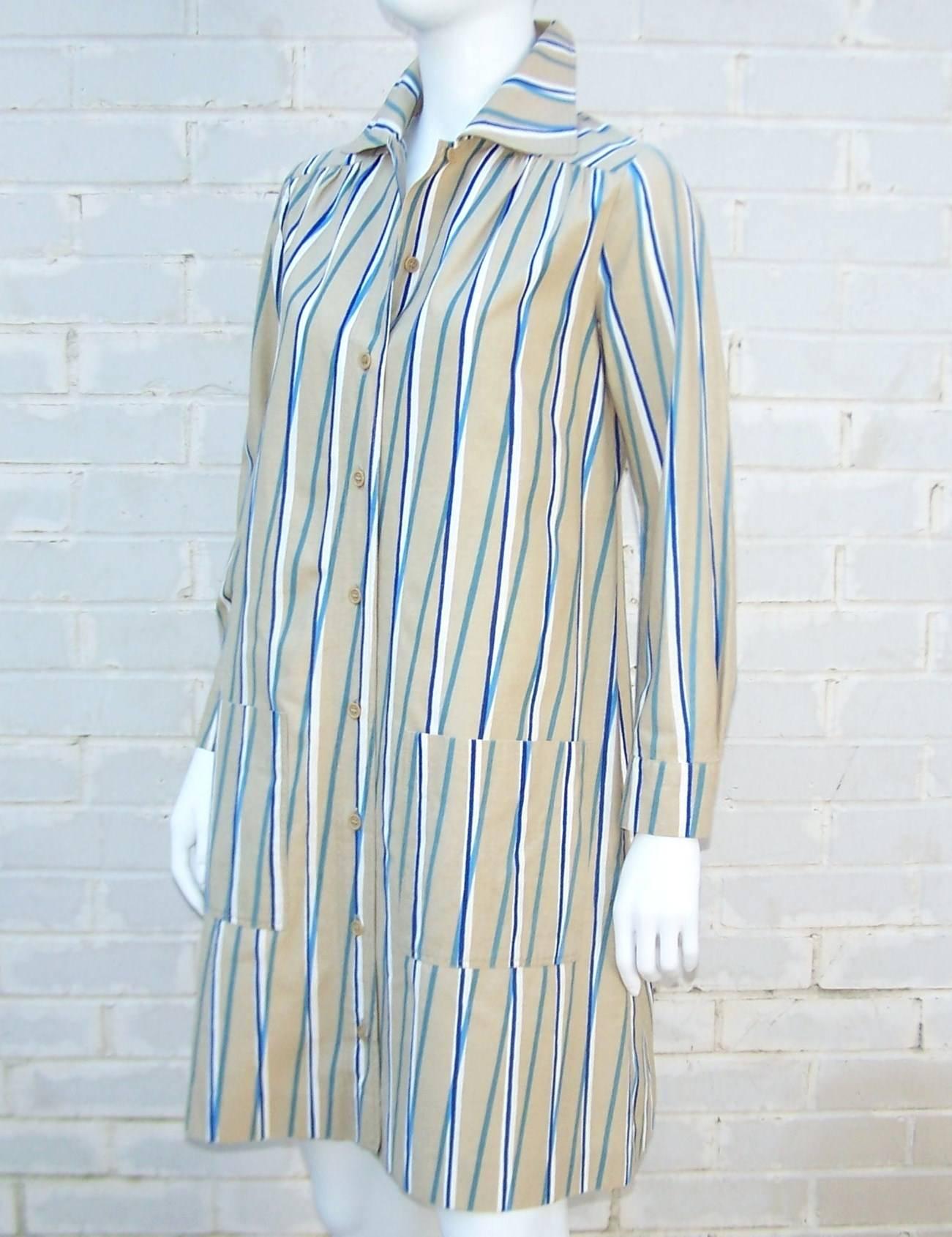 Gray 1970s Marimekko of Finland Graphic Op Art Striped Cotton Shirt Dress