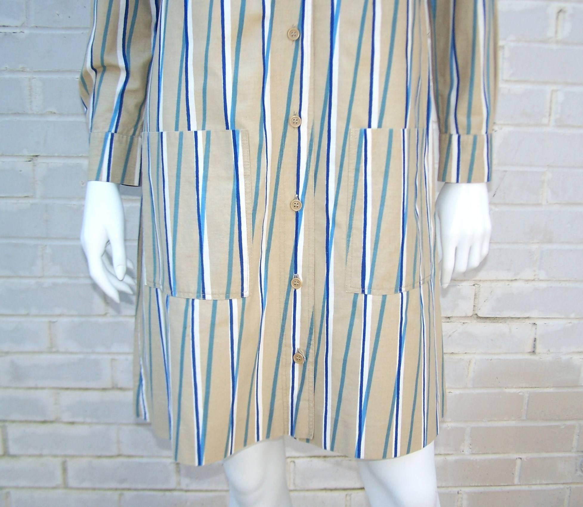 1970s Marimekko of Finland Graphic Op Art Striped Cotton Shirt Dress 1