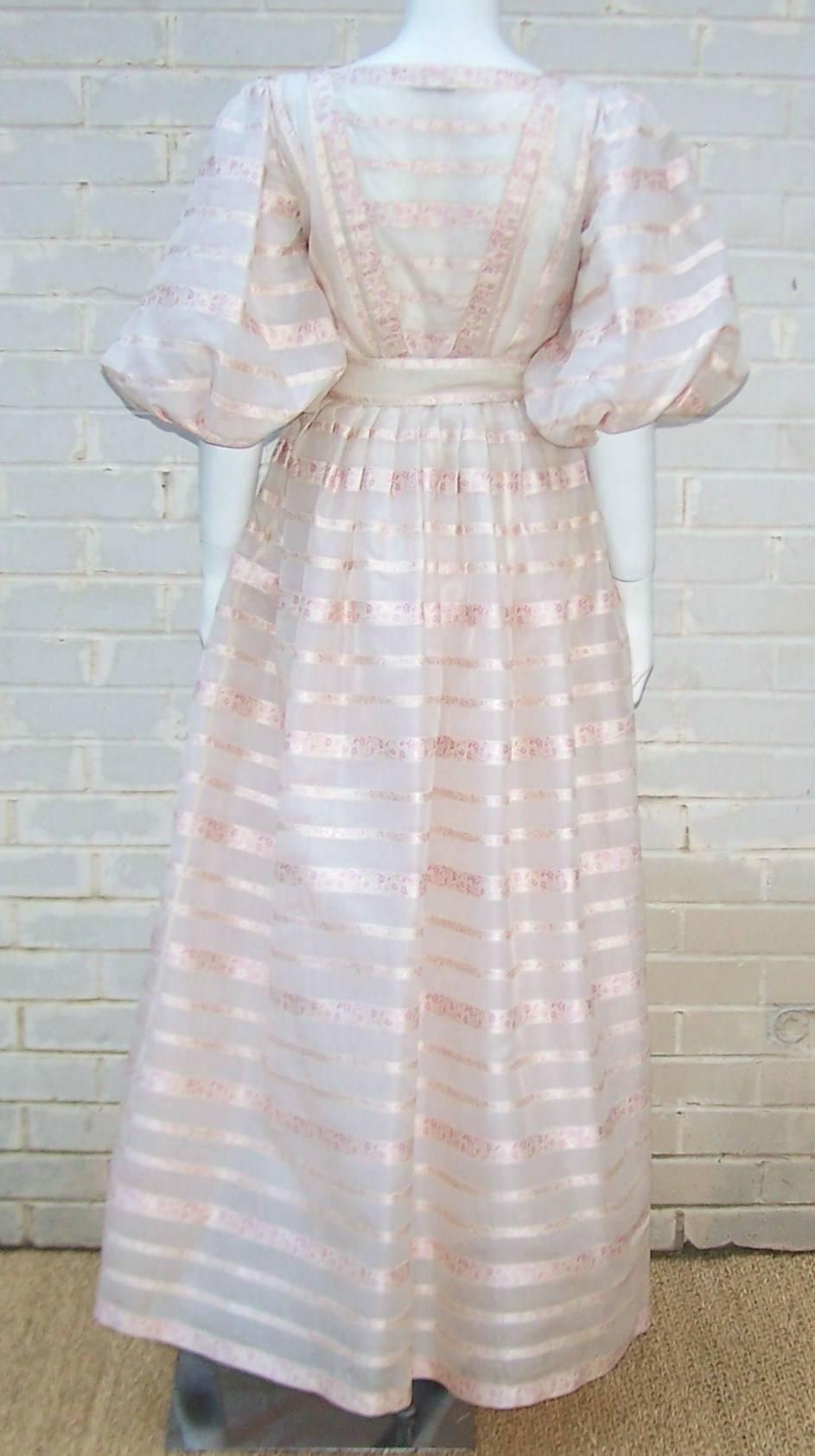 Gray c.1980 Albert Nipon Pink Silk Organza Regency Style Dress