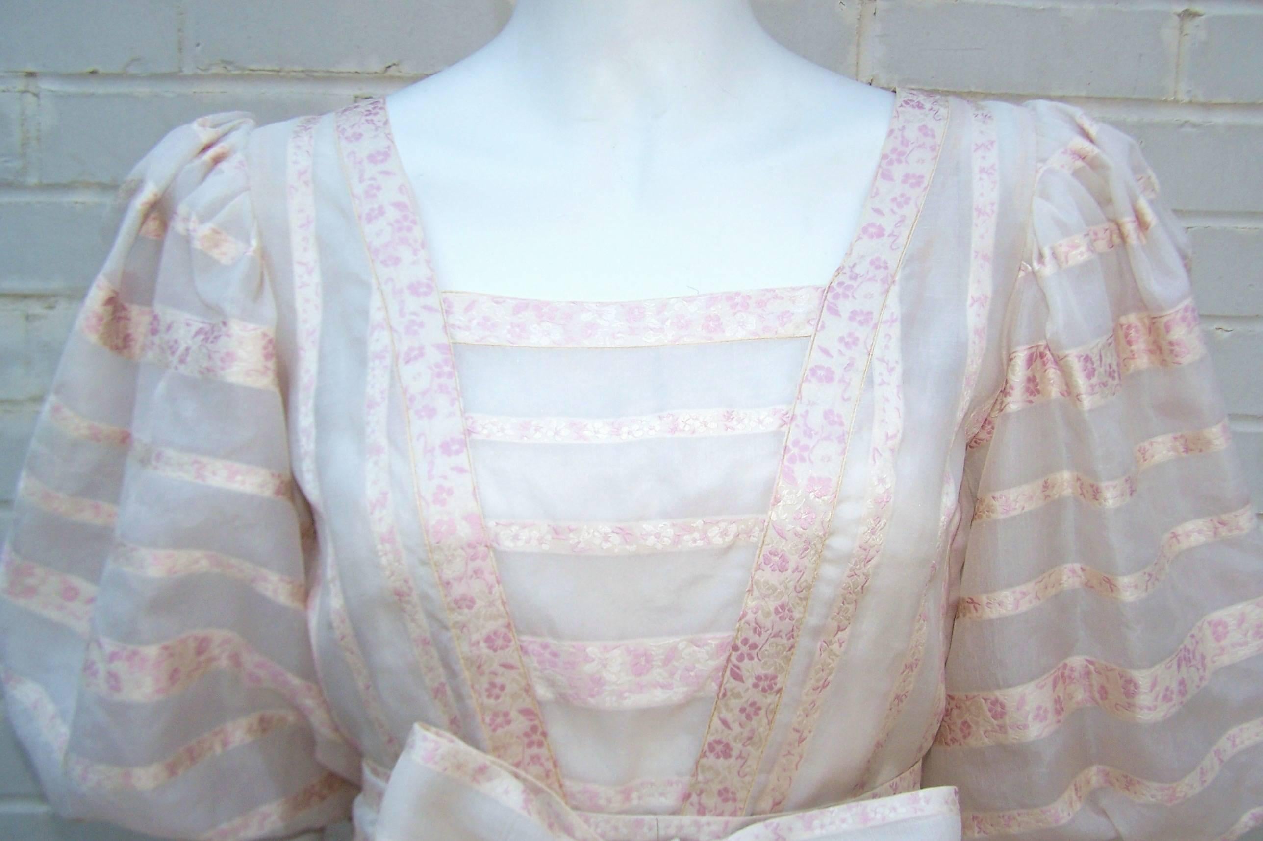 Women's c.1980 Albert Nipon Pink Silk Organza Regency Style Dress