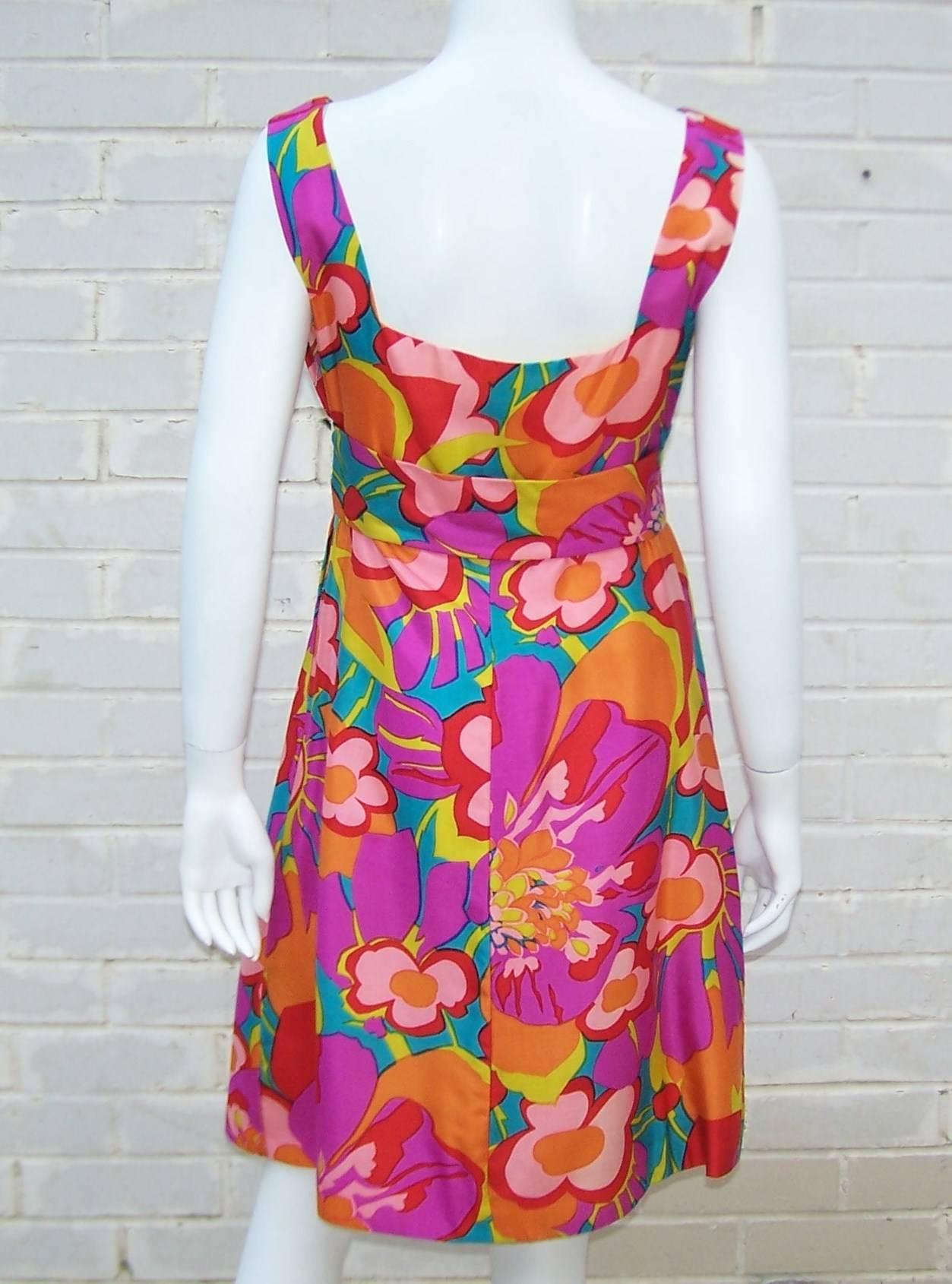 Pink 1960s Morton Myles Tropical Floral Silk Dress