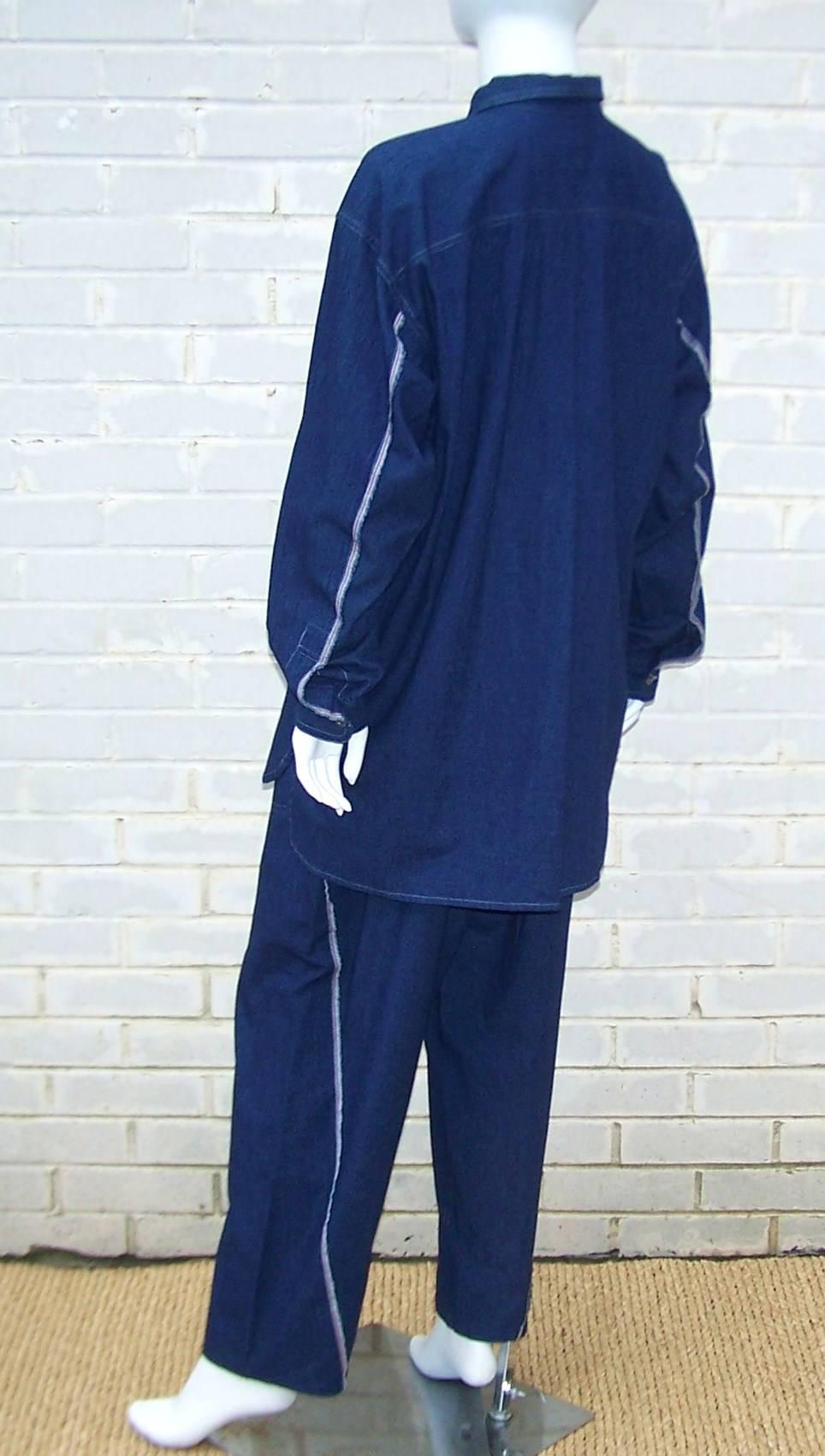 Purple 1980s Issey Miyake Plantation Deconstructed Denim 2-Piece Pant Ensemble