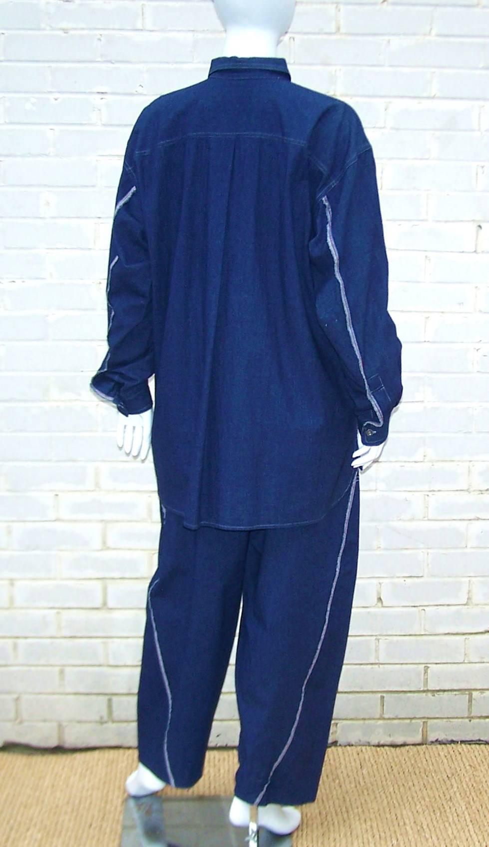 1980s Issey Miyake Plantation Deconstructed Denim 2-Piece Pant Ensemble In Excellent Condition In Atlanta, GA