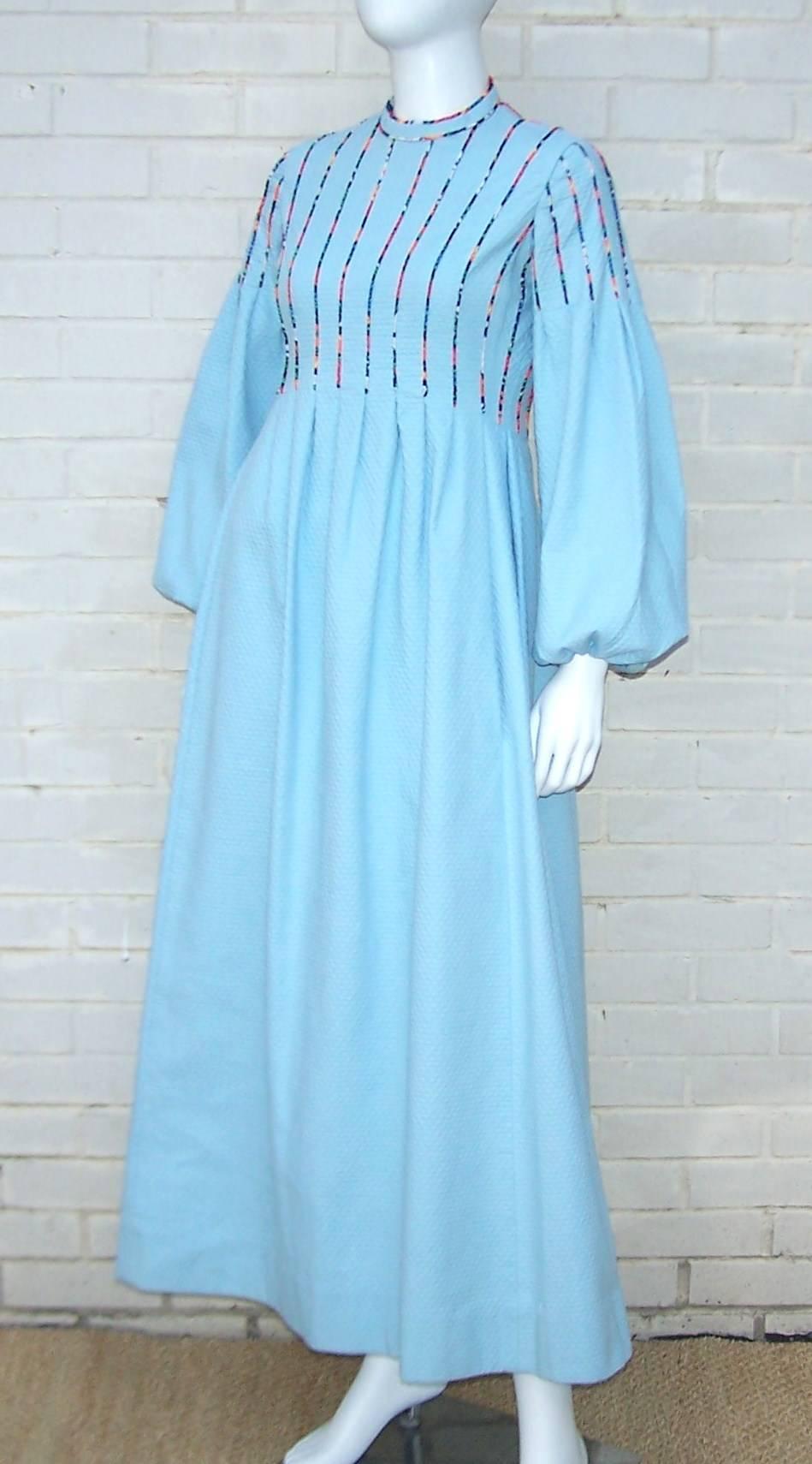 Blue c.1970 Rizkallah for Malcolm Starr Cotton Pique Dress With Poet Sleeves 
