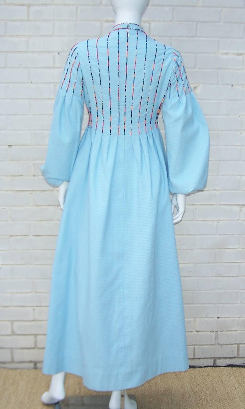 c.1970 Rizkallah for Malcolm Starr Cotton Pique Dress With Poet Sleeves  In Excellent Condition In Atlanta, GA