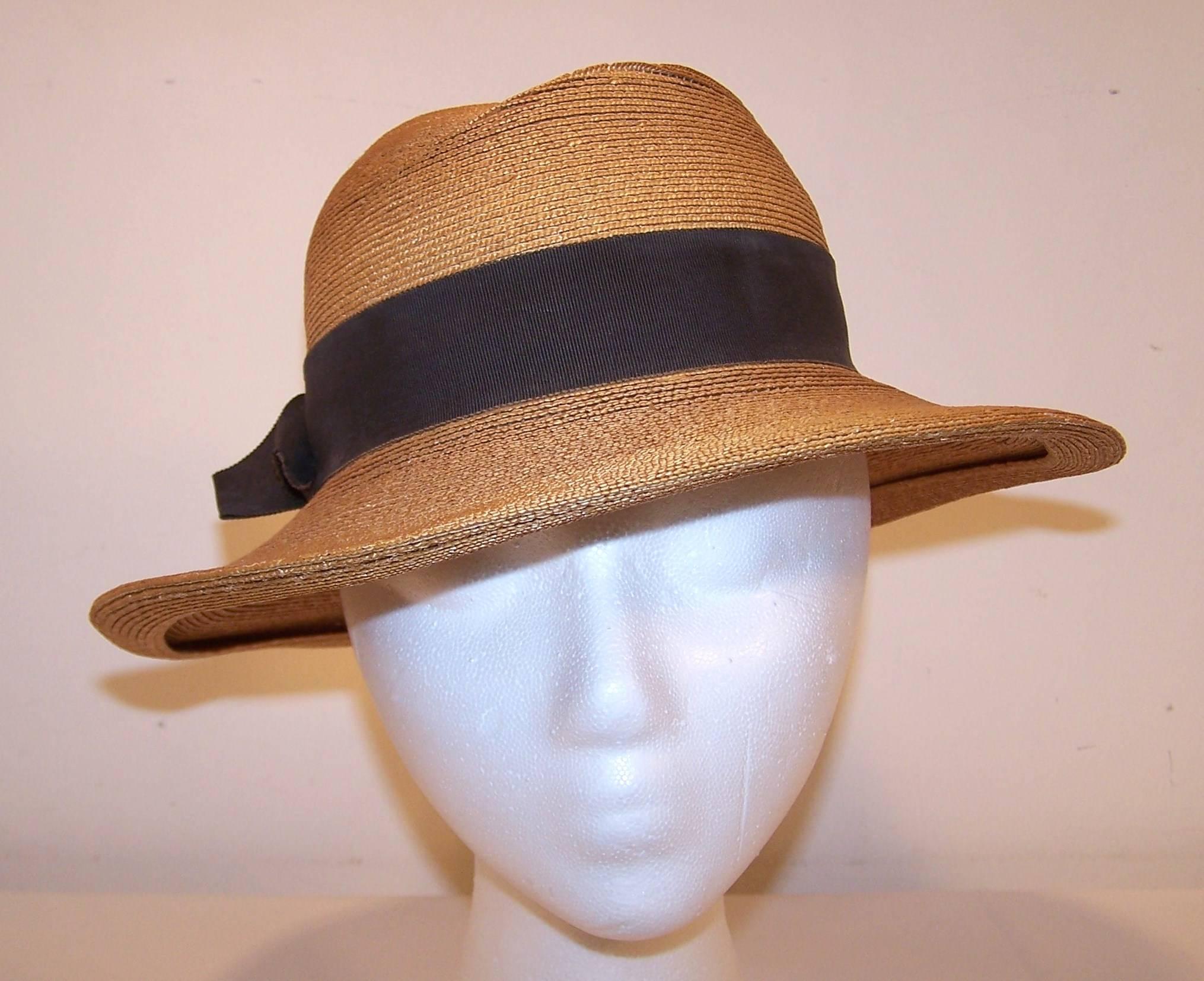 Brown 1970's Frank Olive Stylized Straw Fedora Hat