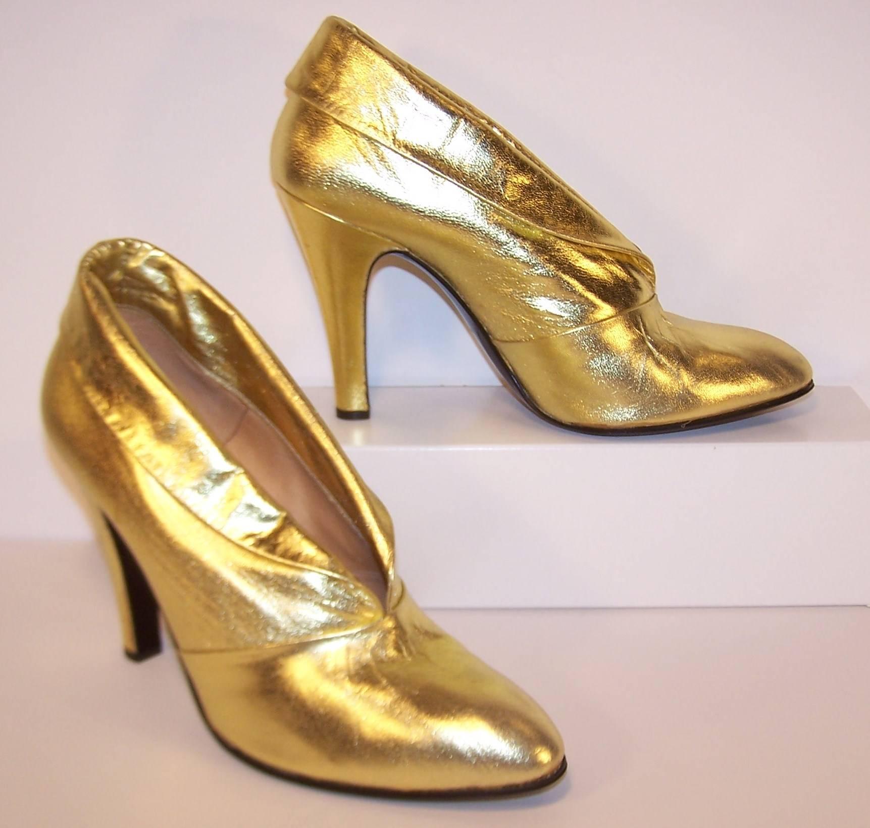 Brown 1970's Sergio Rossi Gold Leather Disco Booties