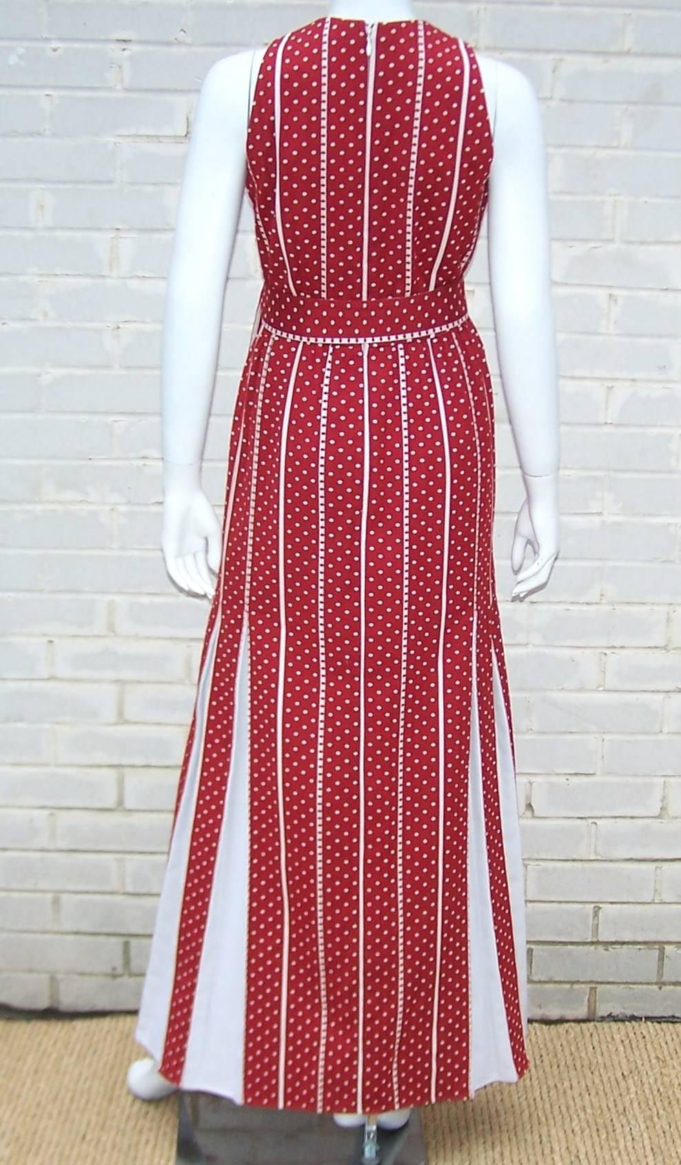 C.1970 Rodrigues Red & White Polka Dot Striped Maxi Dress In Excellent Condition In Atlanta, GA