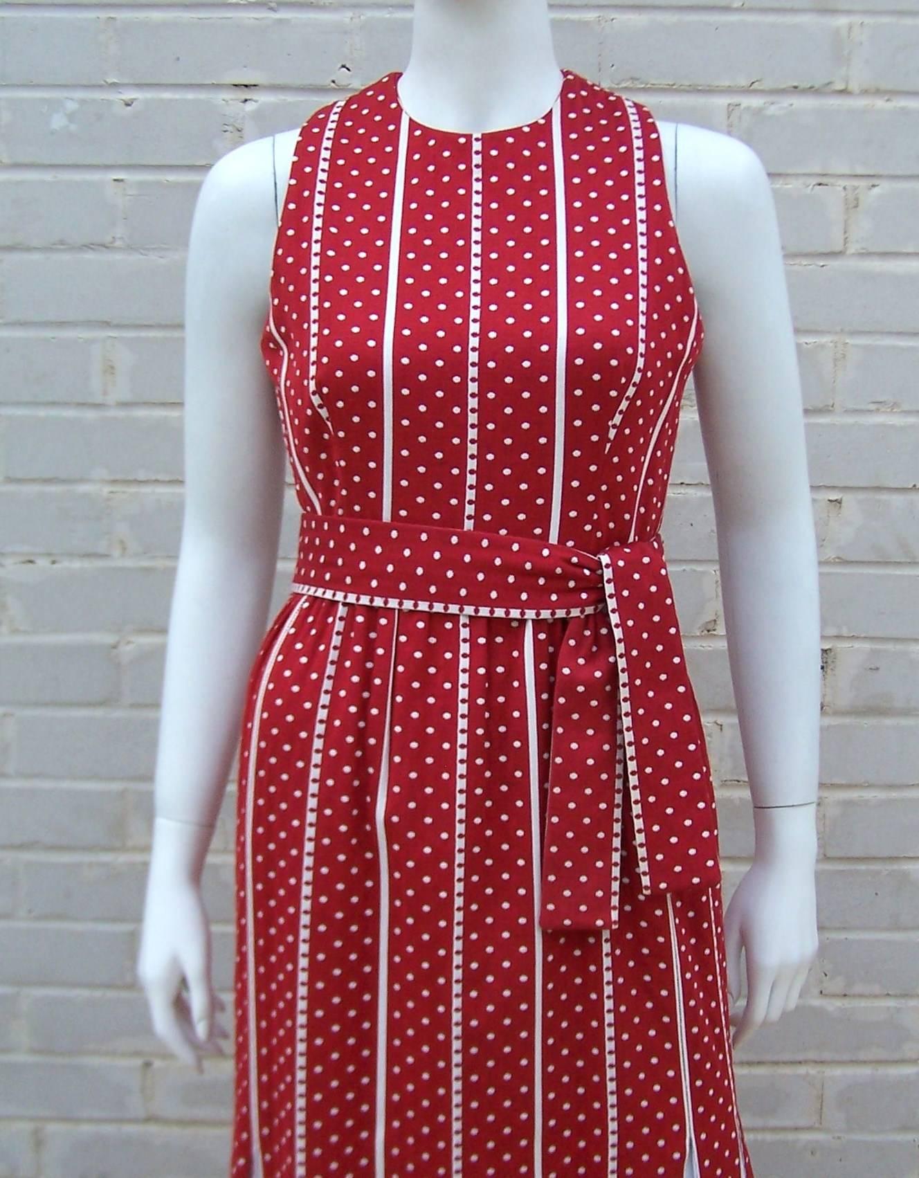 Women's C.1970 Rodrigues Red & White Polka Dot Striped Maxi Dress