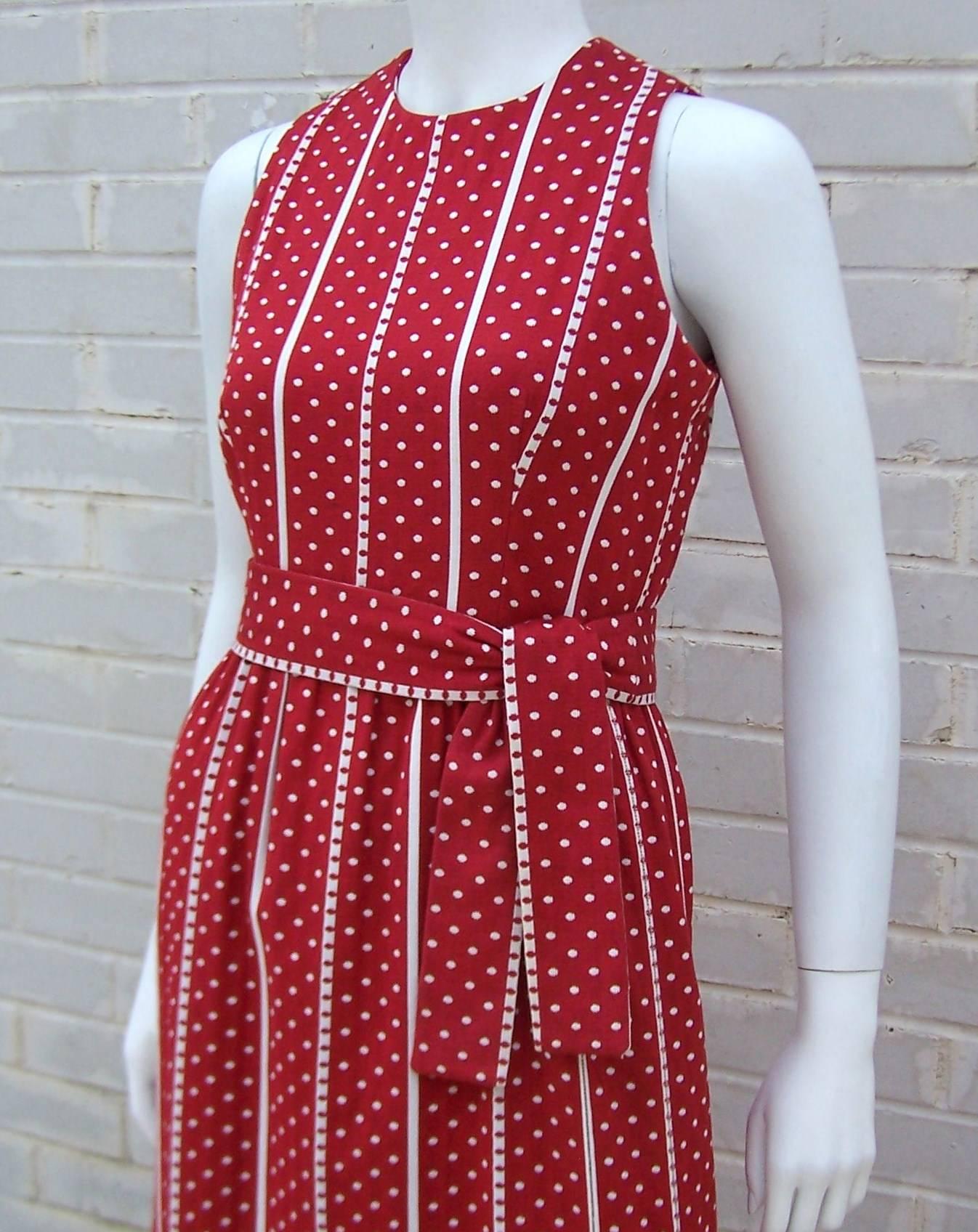 C.1970 Rodrigues Red & White Polka Dot Striped Maxi Dress 1