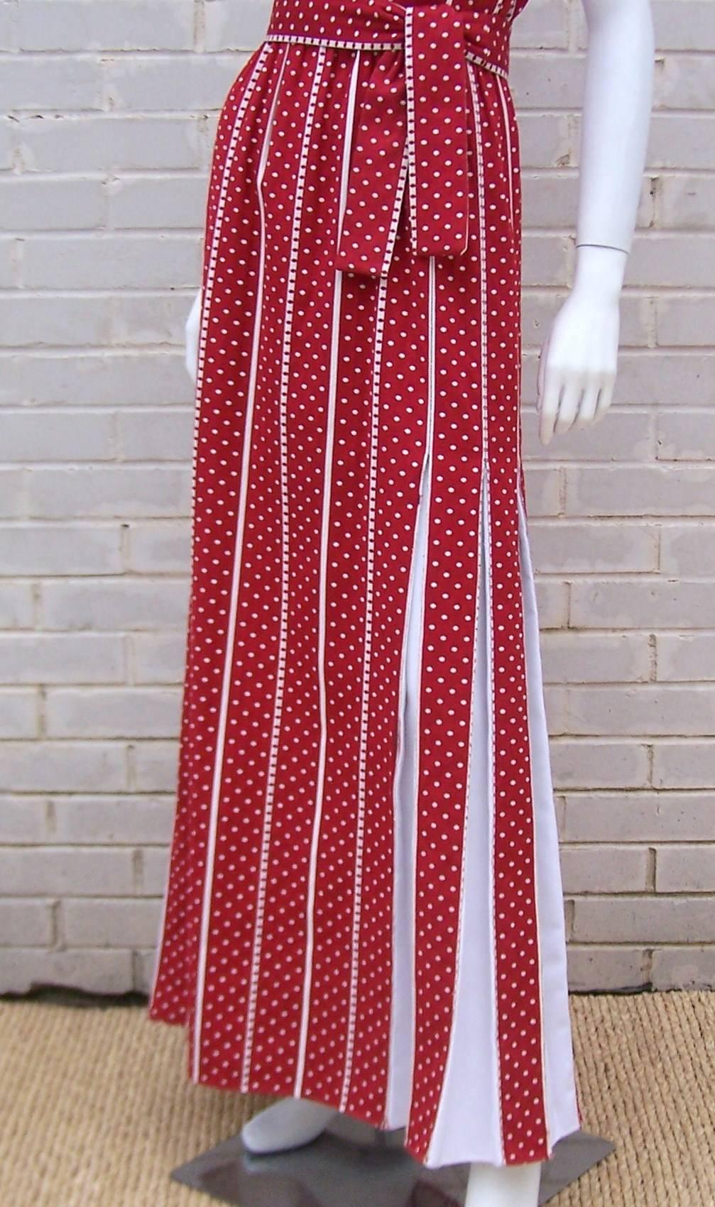 C.1970 Rodrigues Red & White Polka Dot Striped Maxi Dress 2
