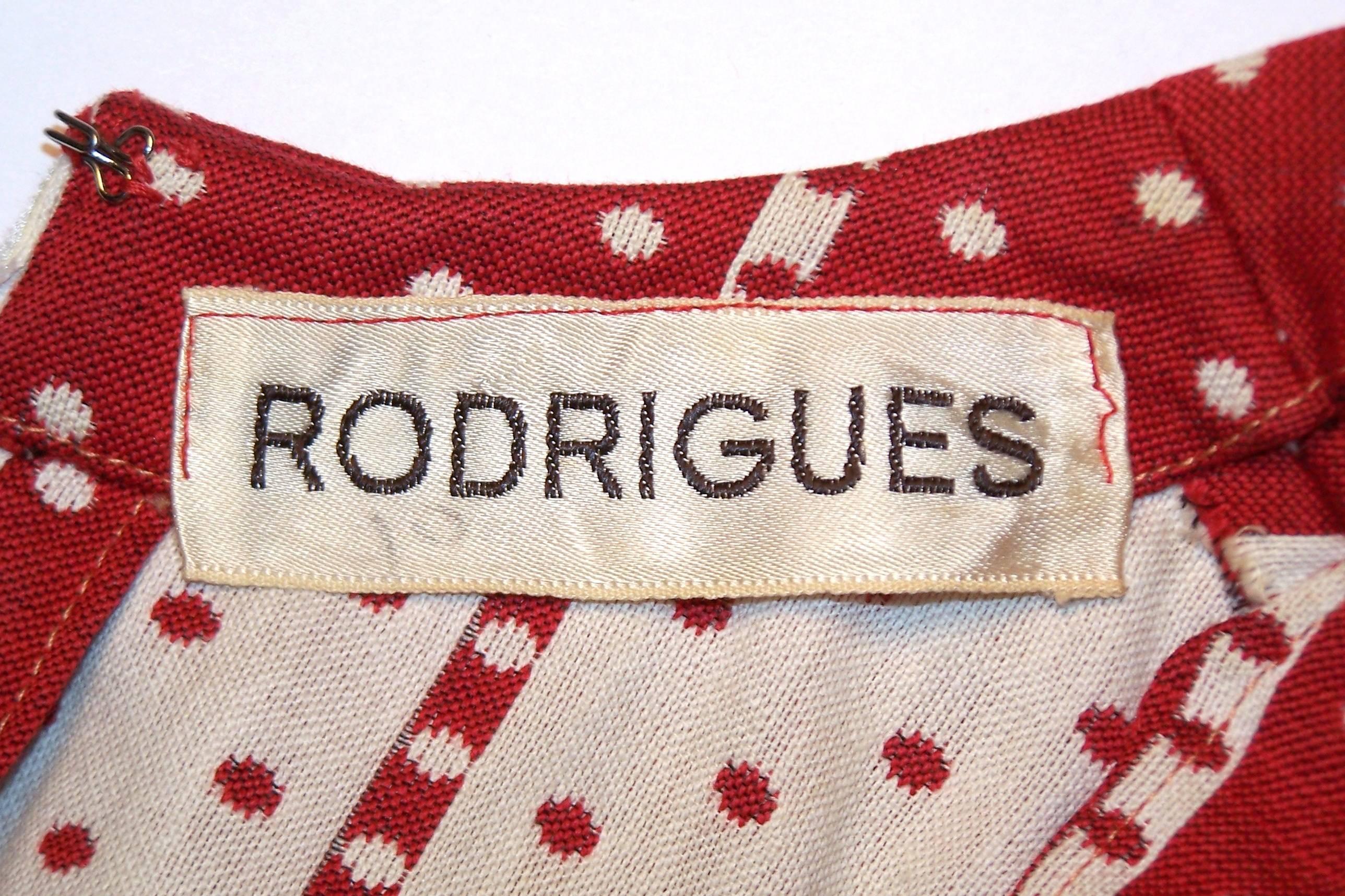 C.1970 Rodrigues Red & White Polka Dot Striped Maxi Dress 5