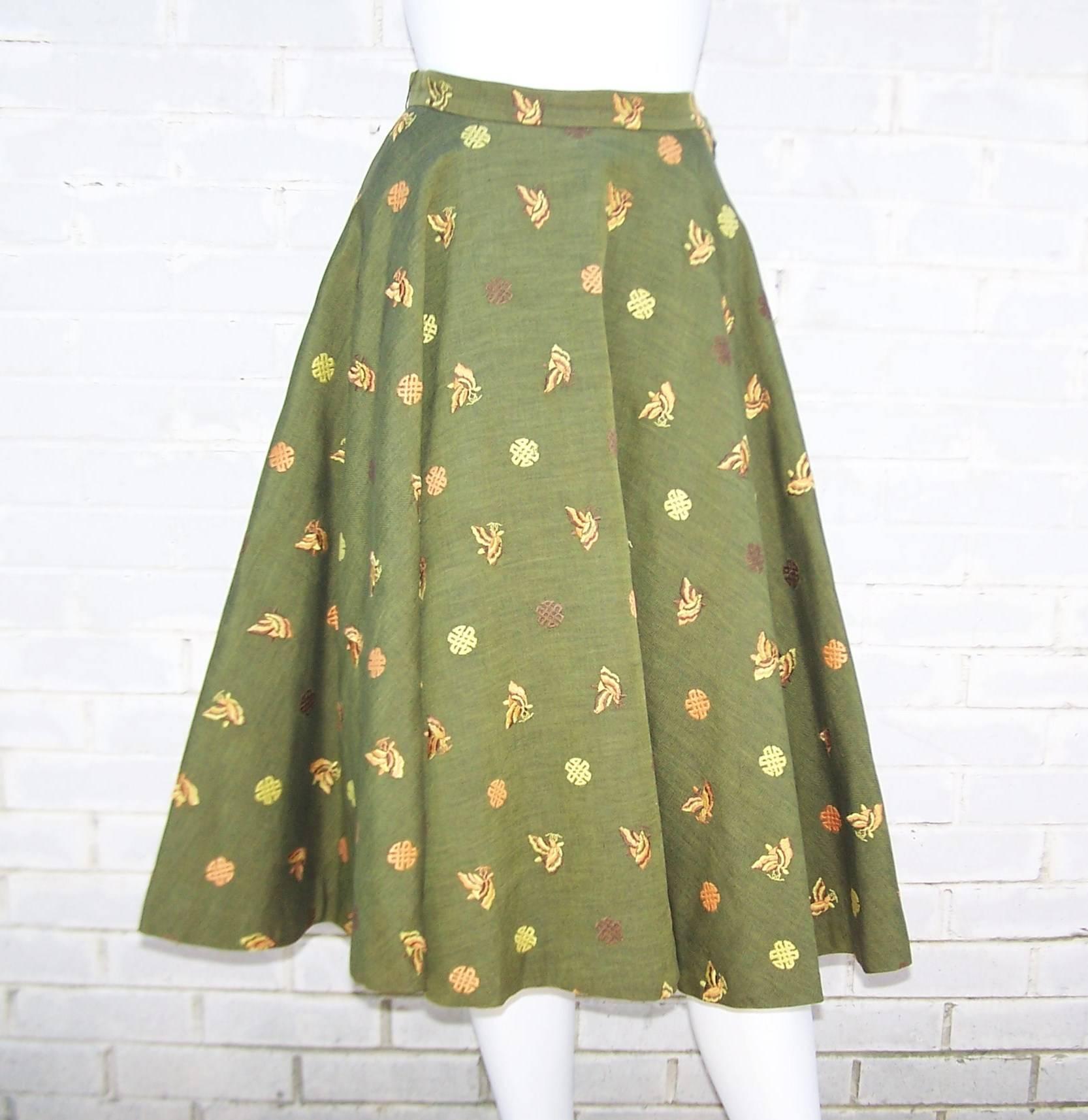 Brown 1950's Asian Inspired Full Circle Skirt With Embroidered Butterflies 