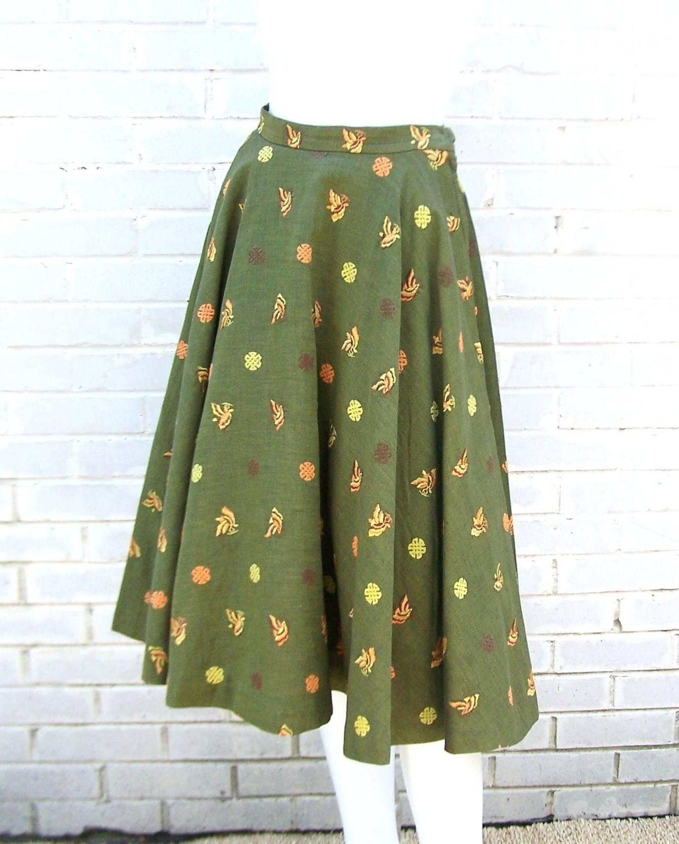 1950's Asian Inspired Full Circle Skirt With Embroidered Butterflies In Excellent Condition In Atlanta, GA