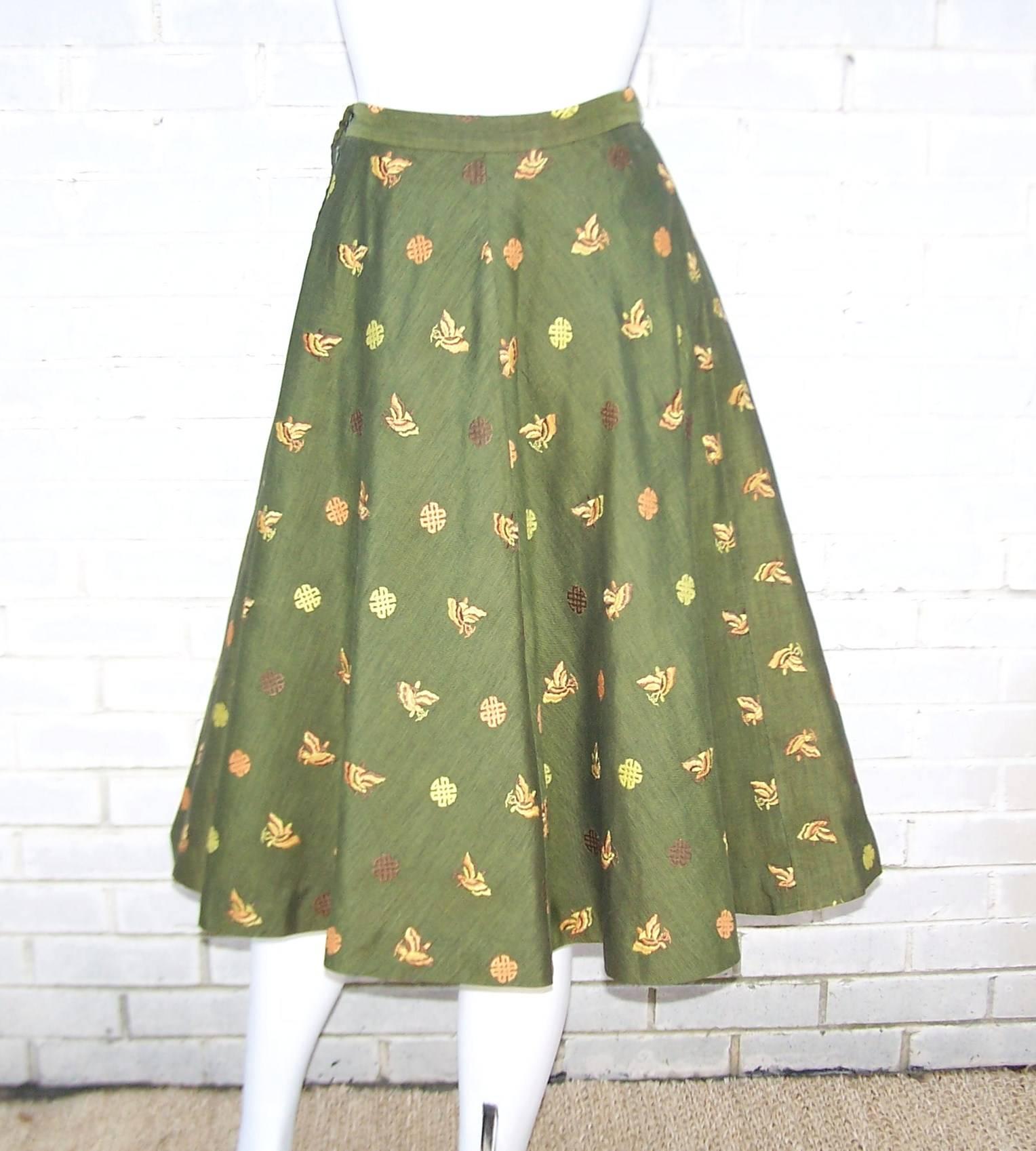 Women's 1950's Asian Inspired Full Circle Skirt With Embroidered Butterflies 