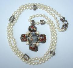 1980's Gerard Yosca Brutalist Silver Cross & Faux Pearl Necklace