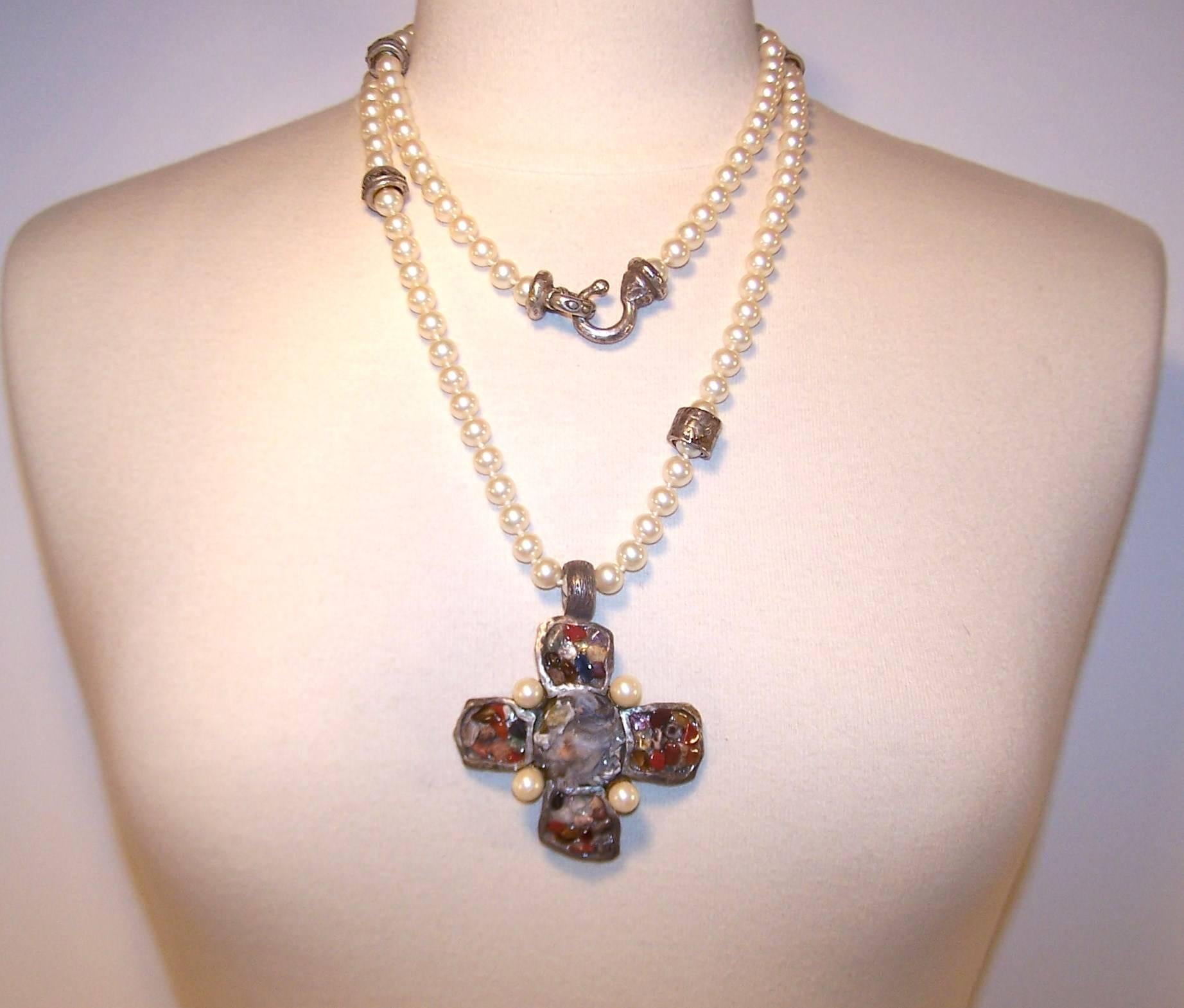 Artisan 1980's Gerard Yosca Brutalist Silver Cross & Faux Pearl Necklace