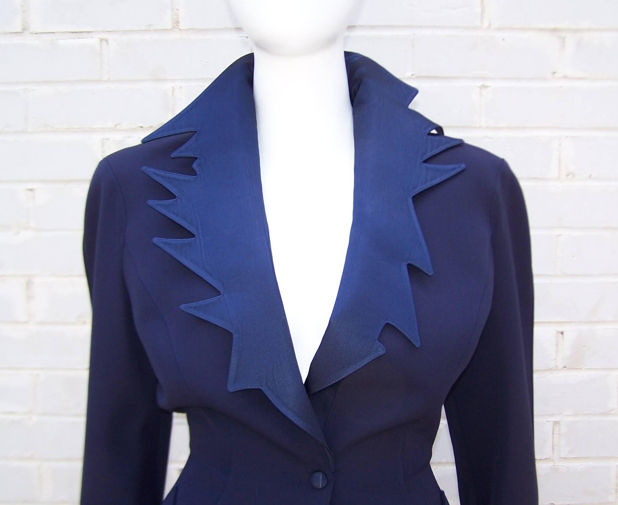 C.1990 Thierry Mugler Midnight Blue Tuxedo Style Suit With 'Shazam' Collar In Excellent Condition In Atlanta, GA