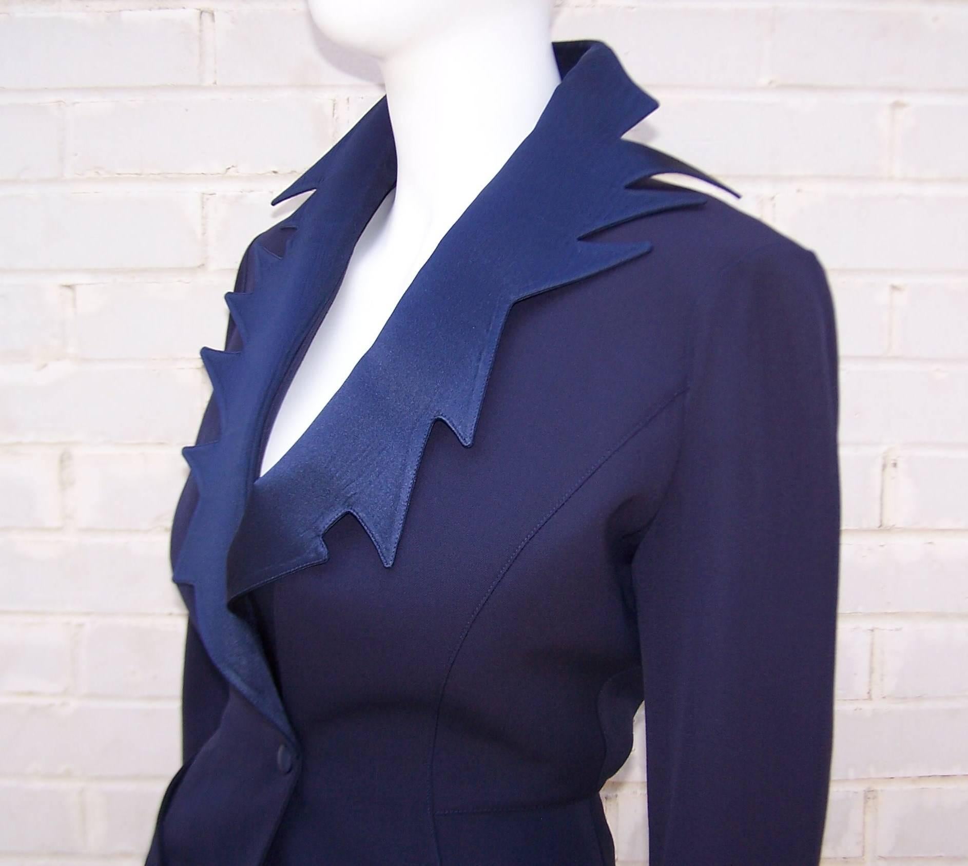 Women's C.1990 Thierry Mugler Midnight Blue Tuxedo Style Suit With 'Shazam' Collar