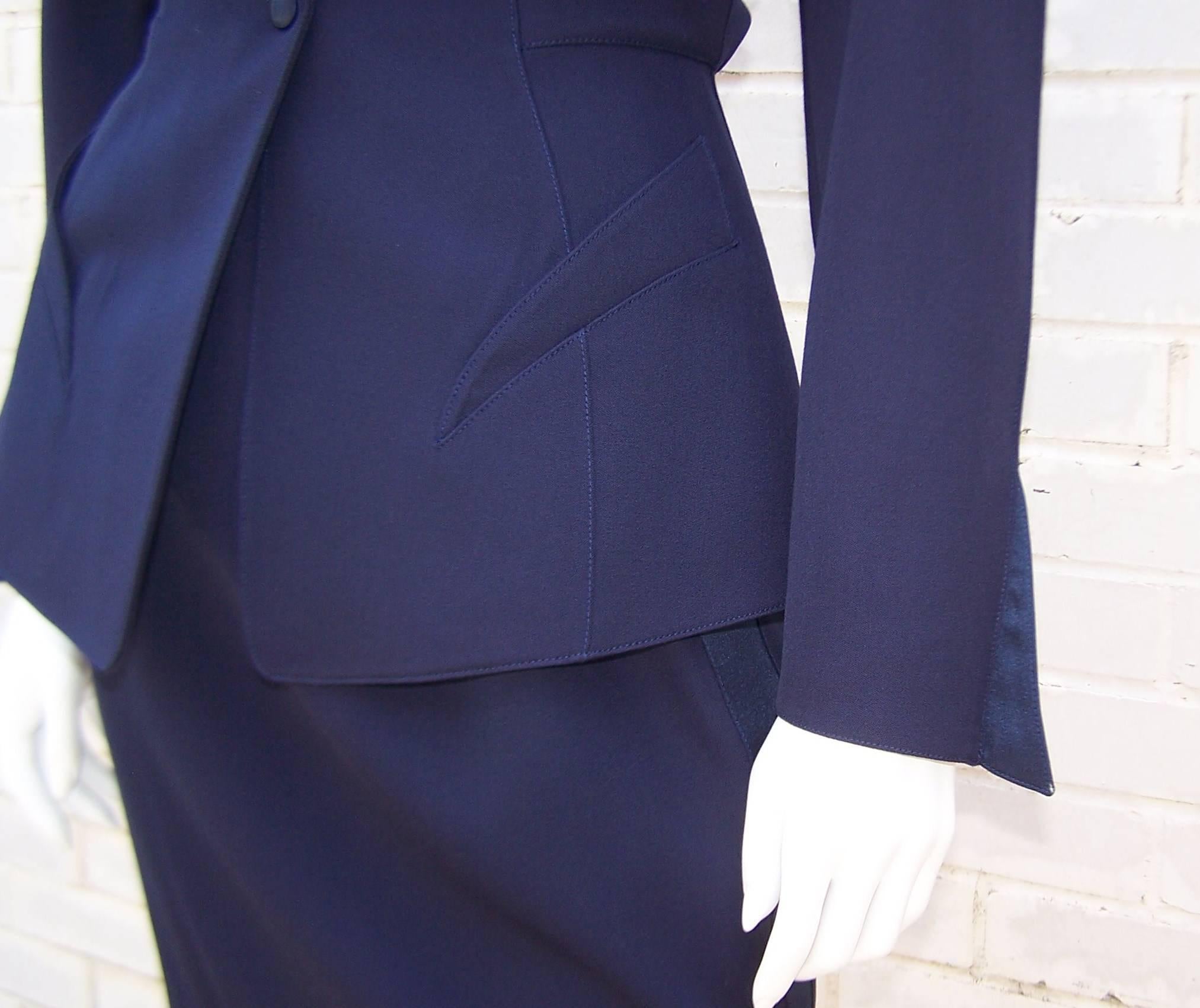 C.1990 Thierry Mugler Midnight Blue Tuxedo Style Suit With 'Shazam' Collar 1