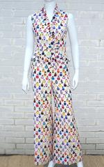 1970's 'Day At The Races' Silk Bell Bottom Pants Ensemble With Jockey Print