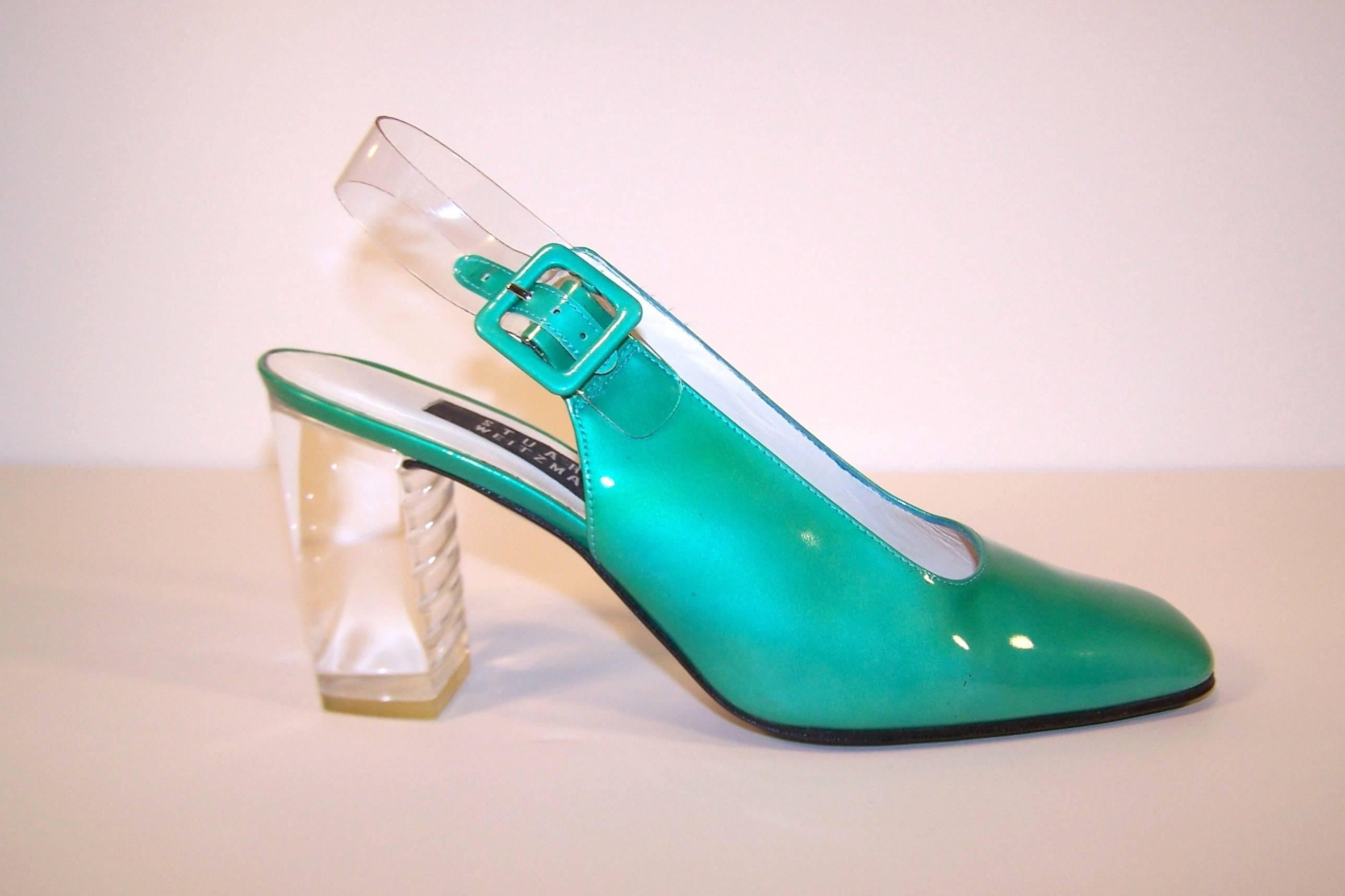 Women's C.1990 Stuart Weitzman Emerald Green Patent Leather Shoes With Lucite Heels