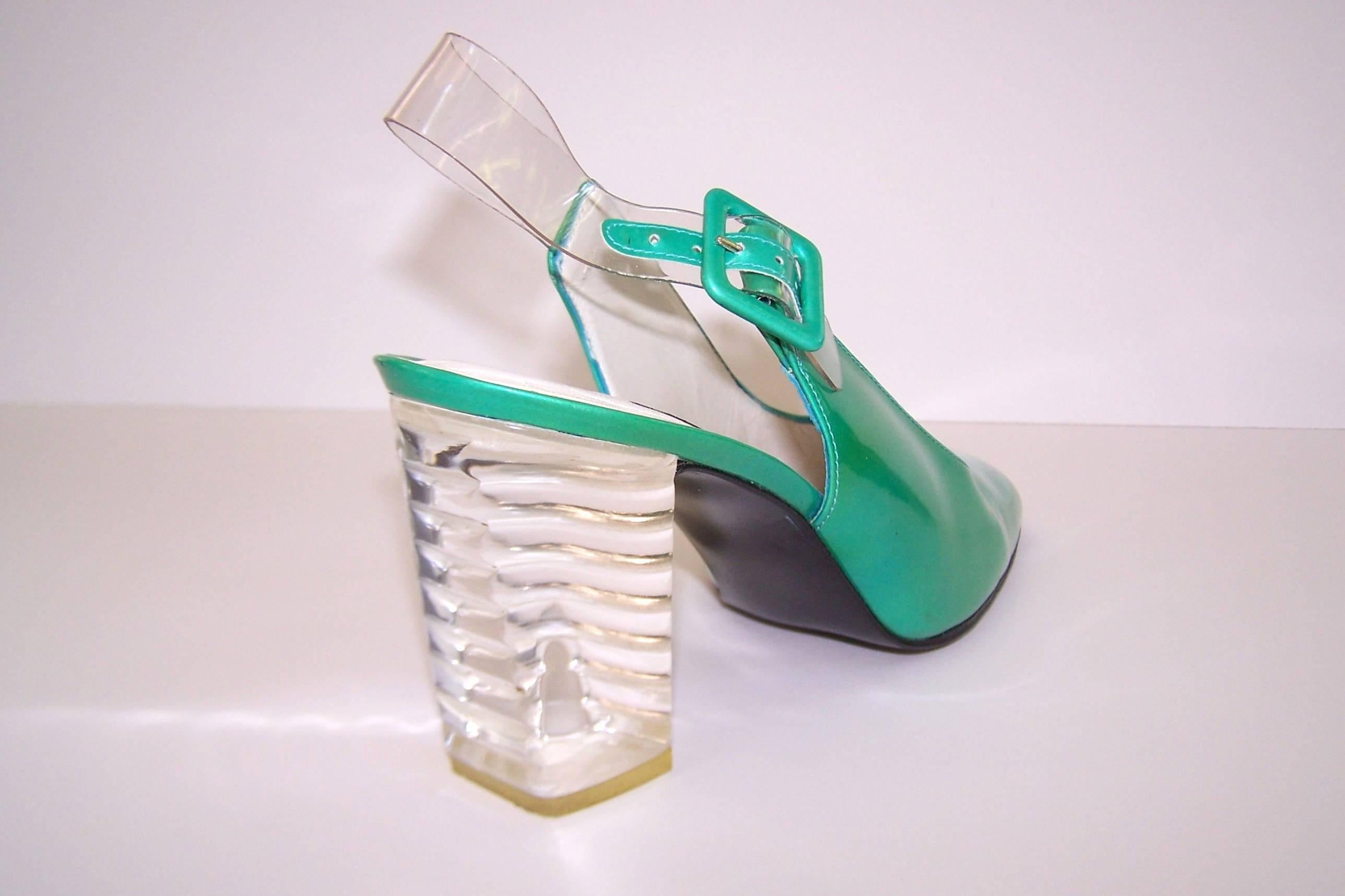 C.1990 Stuart Weitzman Emerald Green Patent Leather Shoes With Lucite Heels 1