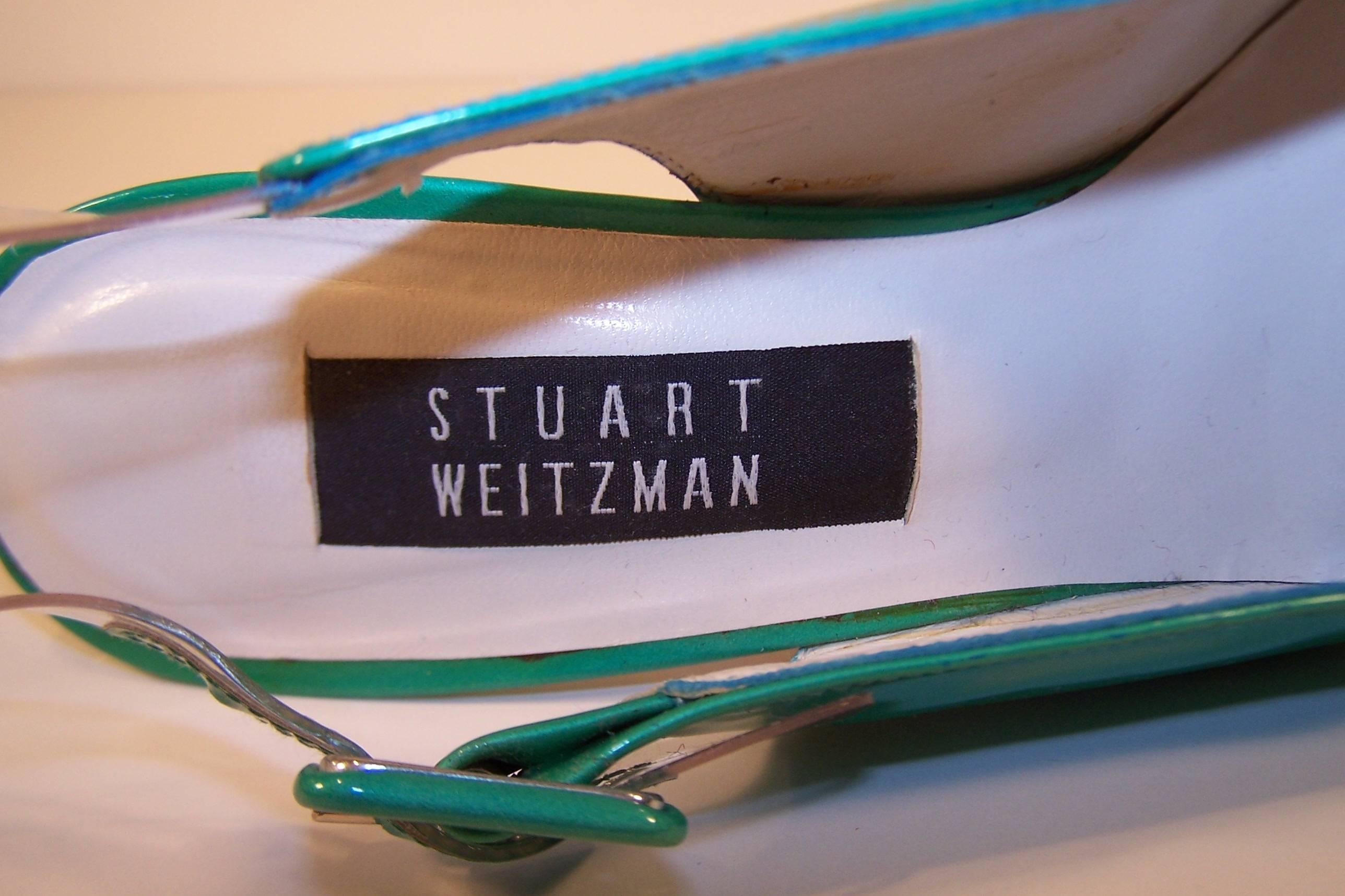 C.1990 Stuart Weitzman Emerald Green Patent Leather Shoes With Lucite Heels 5