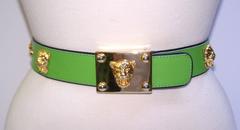 1980's Studded Escada Spring Green Leather Belt With Gold Jaguar Buckle