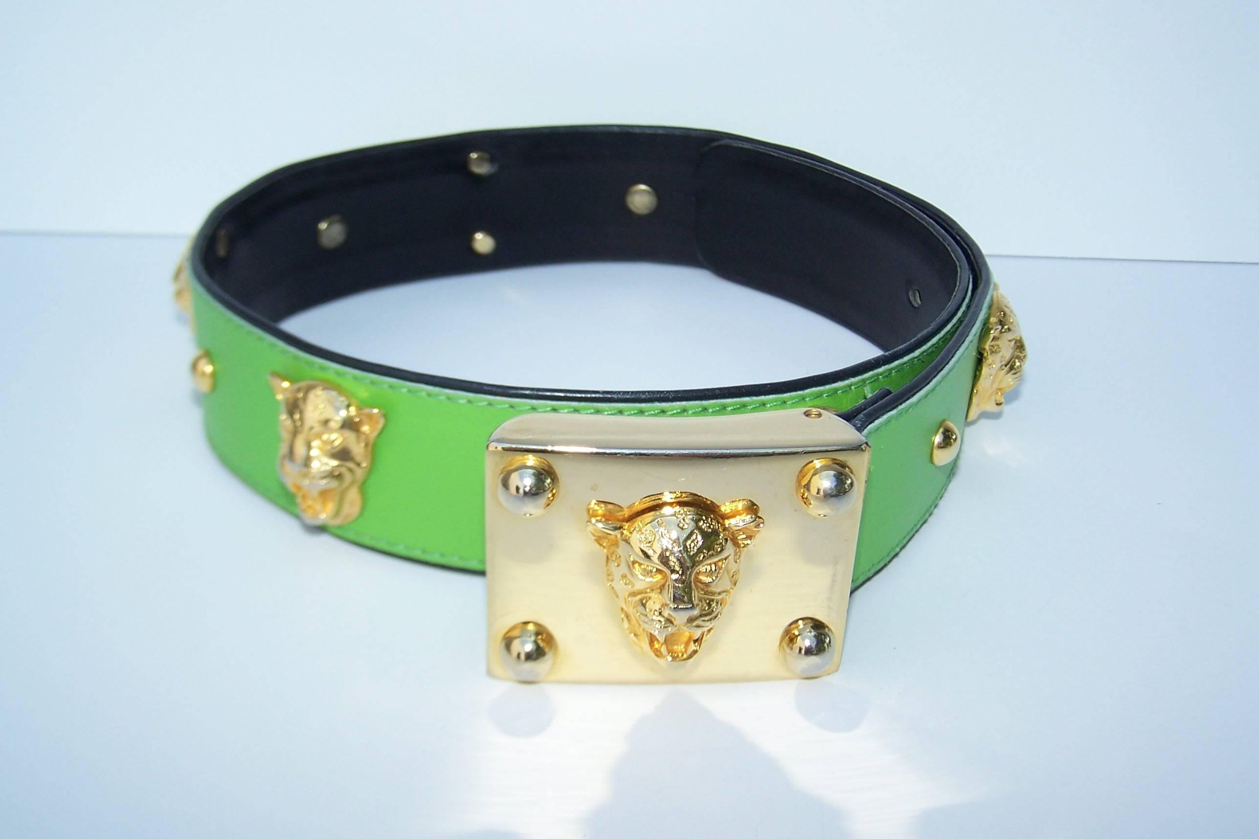 Black 1980's Studded Escada Spring Green Leather Belt With Gold Jaguar Buckle