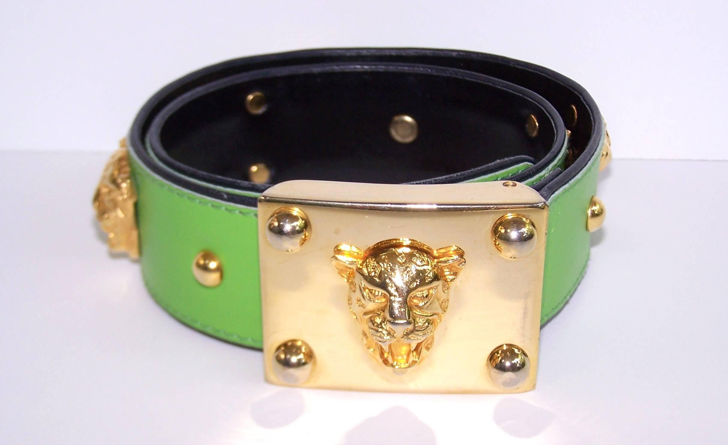 1980's Studded Escada Spring Green Leather Belt With Gold Jaguar Buckle In Good Condition In Atlanta, GA