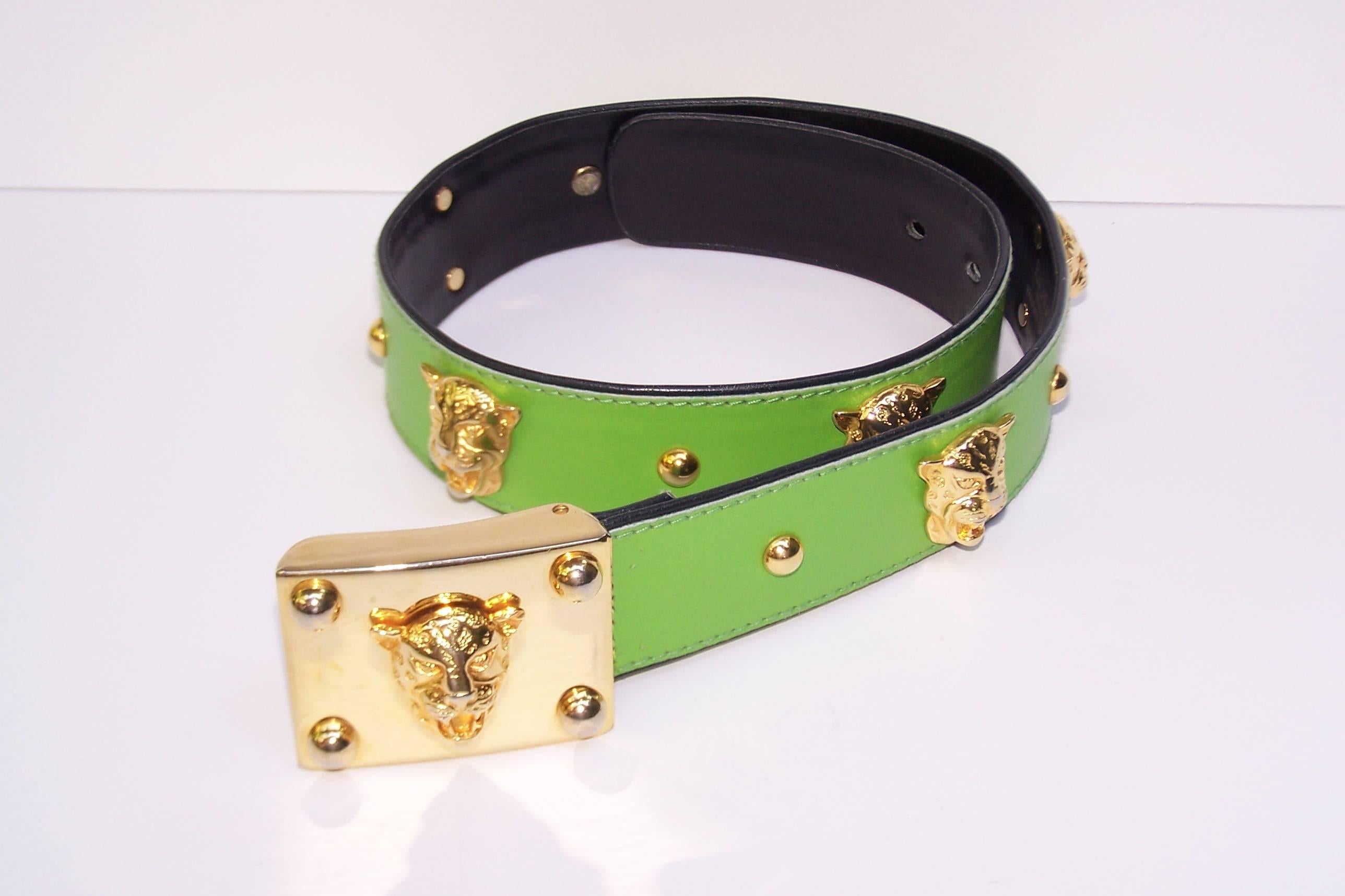 Women's 1980's Studded Escada Spring Green Leather Belt With Gold Jaguar Buckle