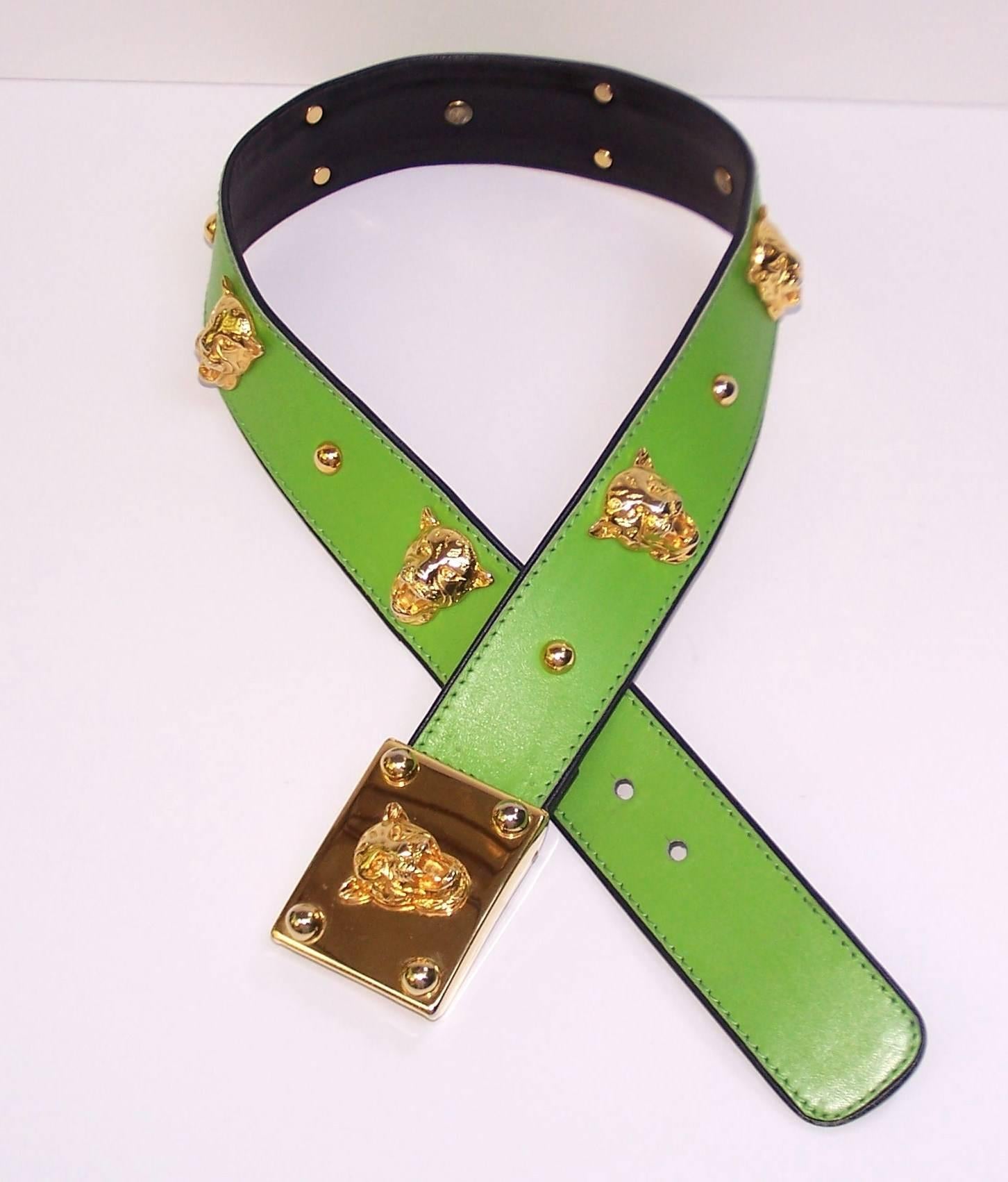 1980's Studded Escada Spring Green Leather Belt With Gold Jaguar Buckle 1