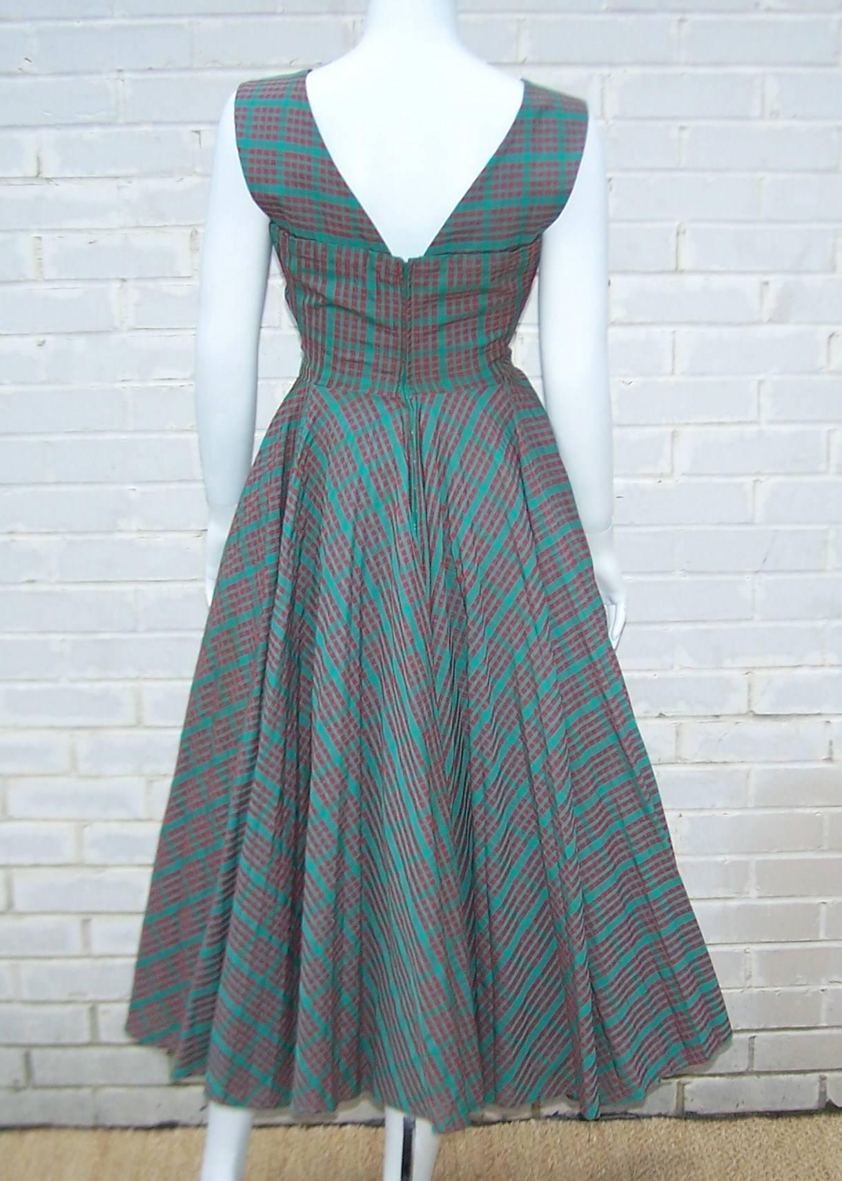 Gray C.1950 Red & Green Plaid Micro Pleated Full Skirted Dress