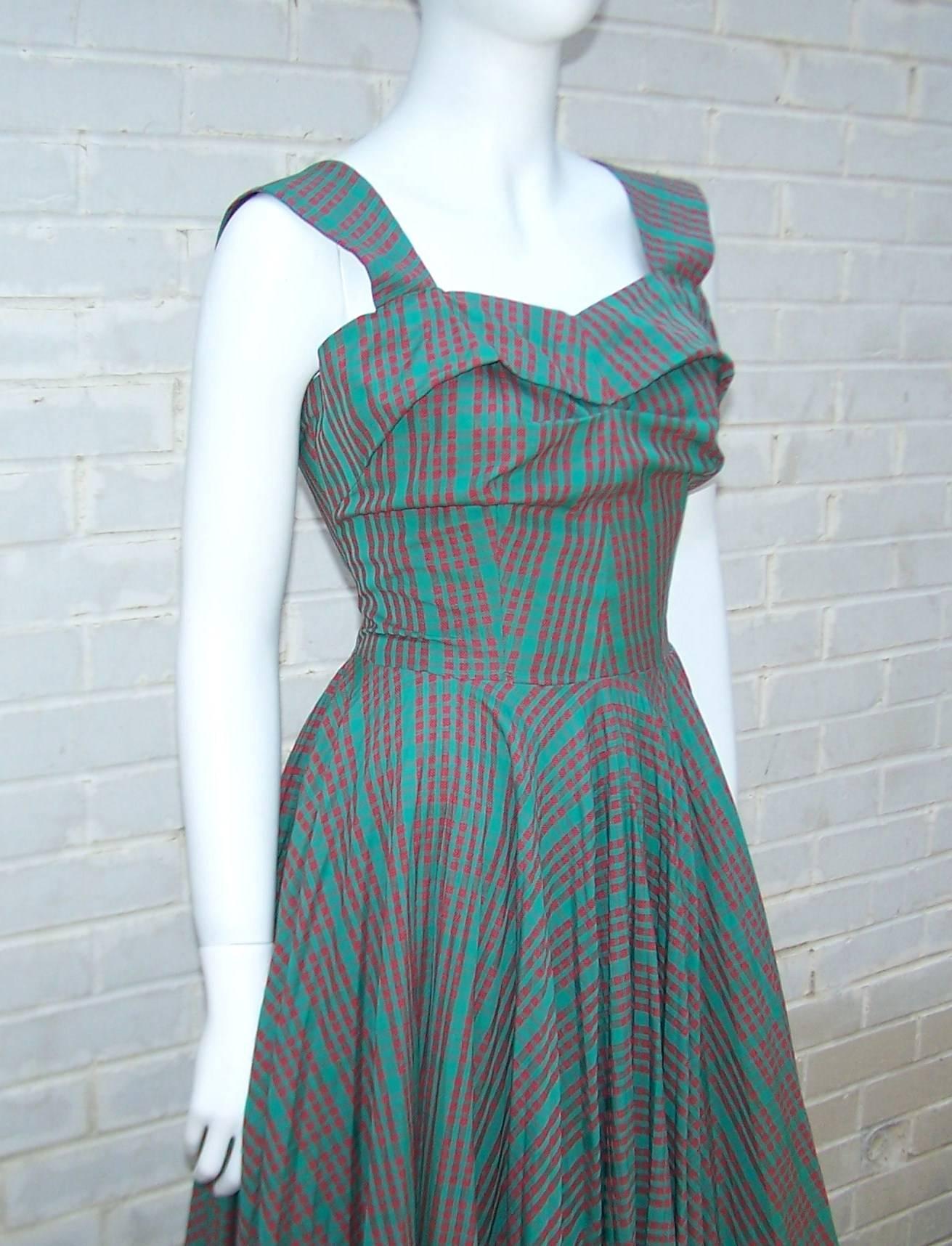 C.1950 Red & Green Plaid Micro Pleated Full Skirted Dress 1
