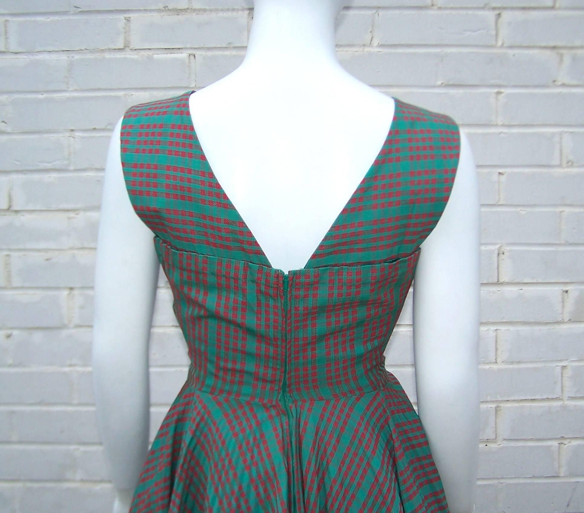 C.1950 Red & Green Plaid Micro Pleated Full Skirted Dress 2