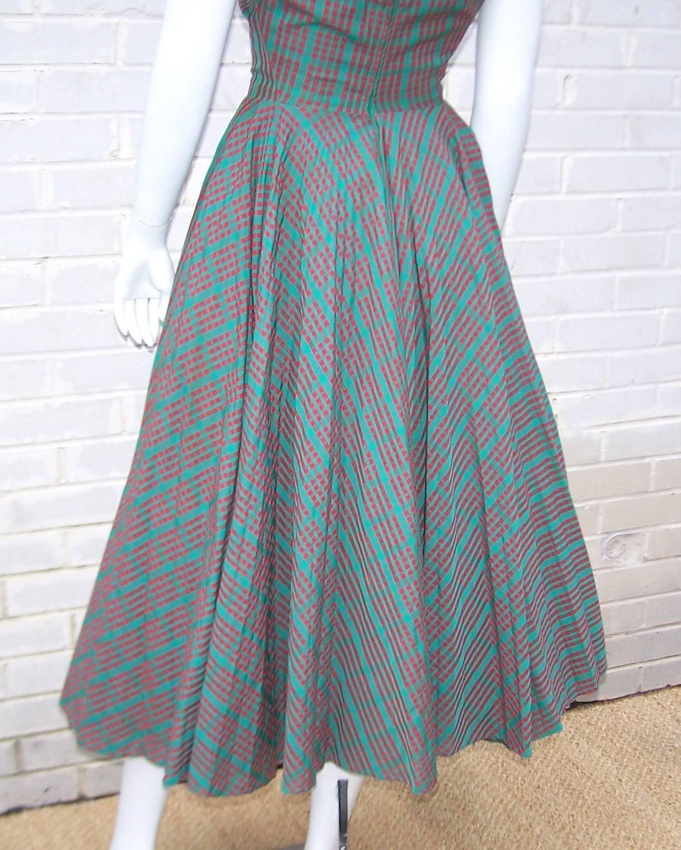 C.1950 Red & Green Plaid Micro Pleated Full Skirted Dress 3