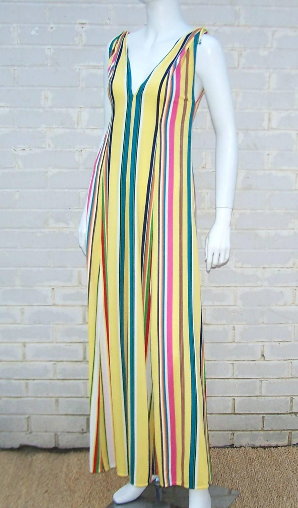 Beige Vibrantly Striped 1970's Clovis Ruffin Jersey Knit Lounger Dress