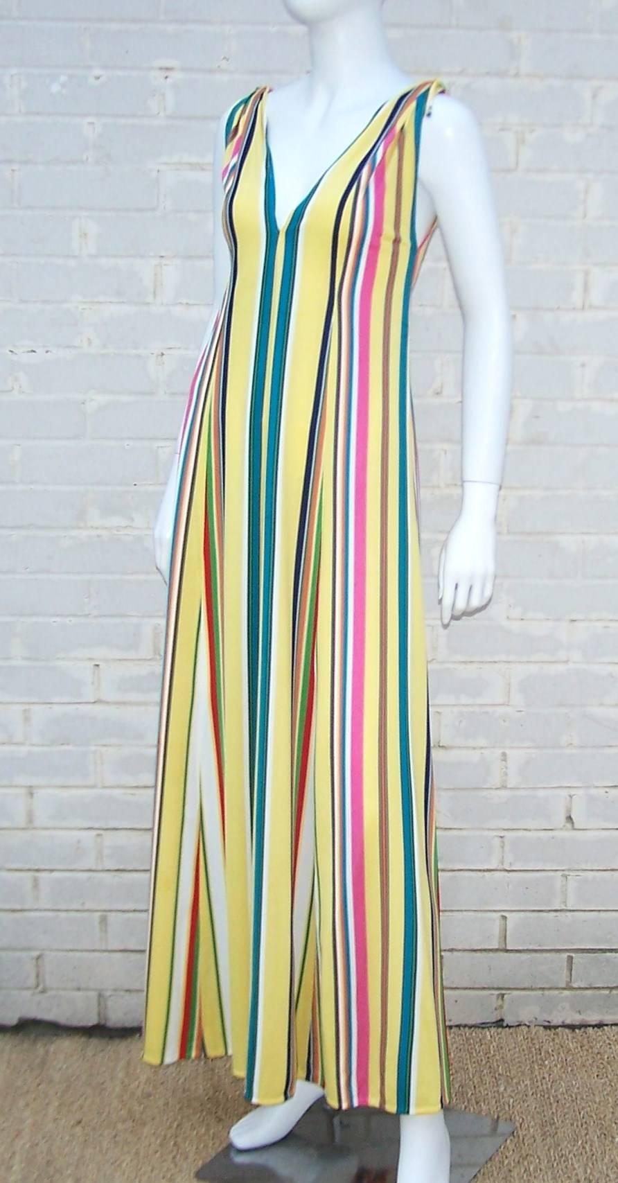 Vibrantly Striped 1970's Clovis Ruffin Jersey Knit Lounger Dress In Excellent Condition In Atlanta, GA
