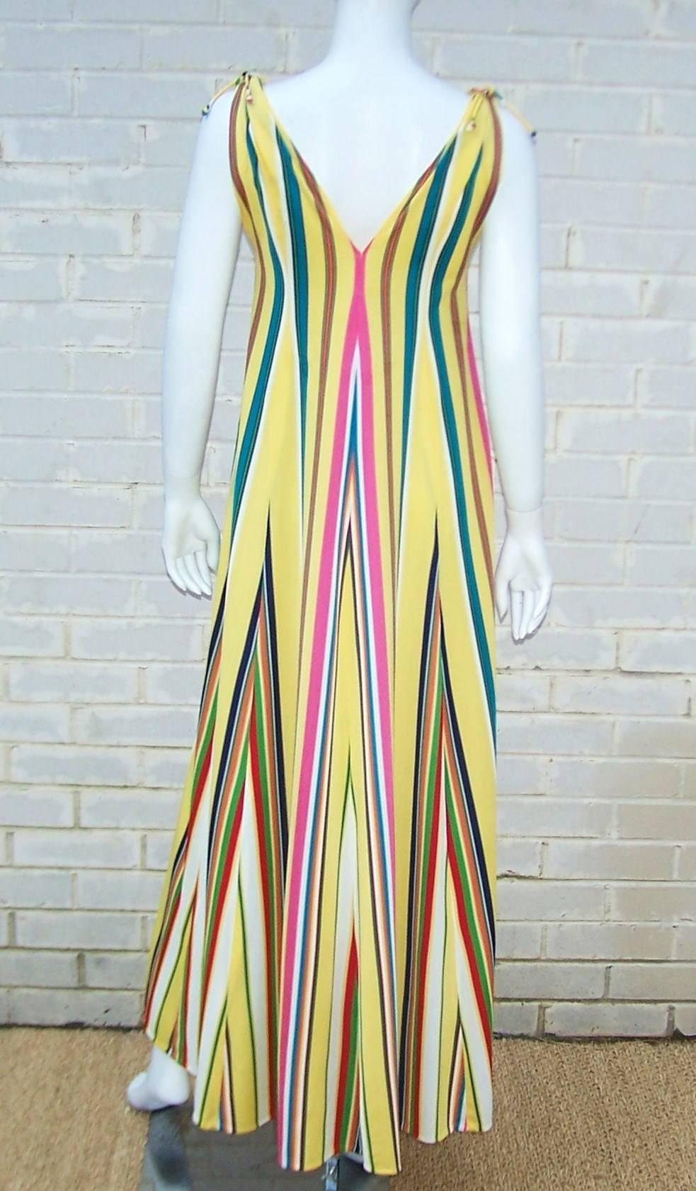 Women's Vibrantly Striped 1970's Clovis Ruffin Jersey Knit Lounger Dress