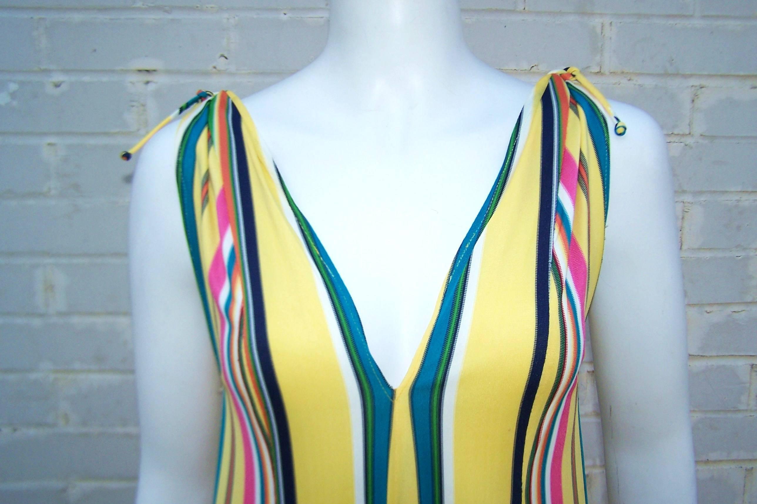 Vibrantly Striped 1970's Clovis Ruffin Jersey Knit Lounger Dress 2