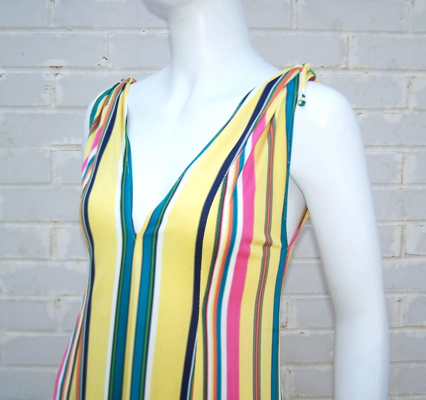 Vibrantly Striped 1970's Clovis Ruffin Jersey Knit Lounger Dress 3