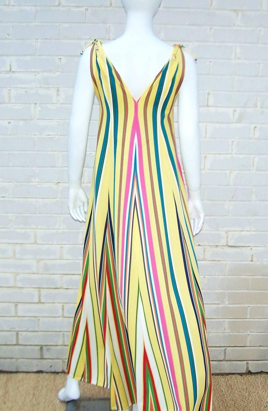 Vibrantly Striped 1970's Clovis Ruffin Jersey Knit Lounger Dress 1
