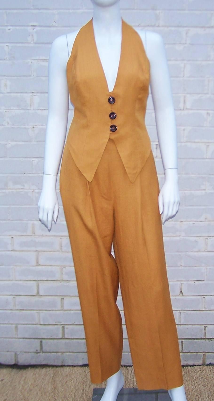 Women's 1980's Bob Mackie 3-Piece Linen Pants & Halter Top Outfit
