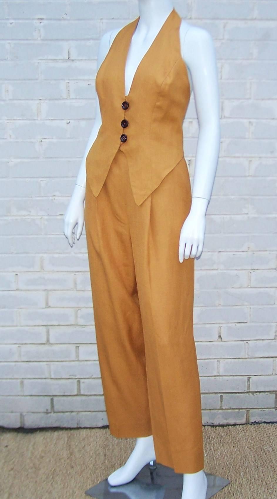 1980's Bob Mackie 3-Piece Linen Pants & Halter Top Outfit 1