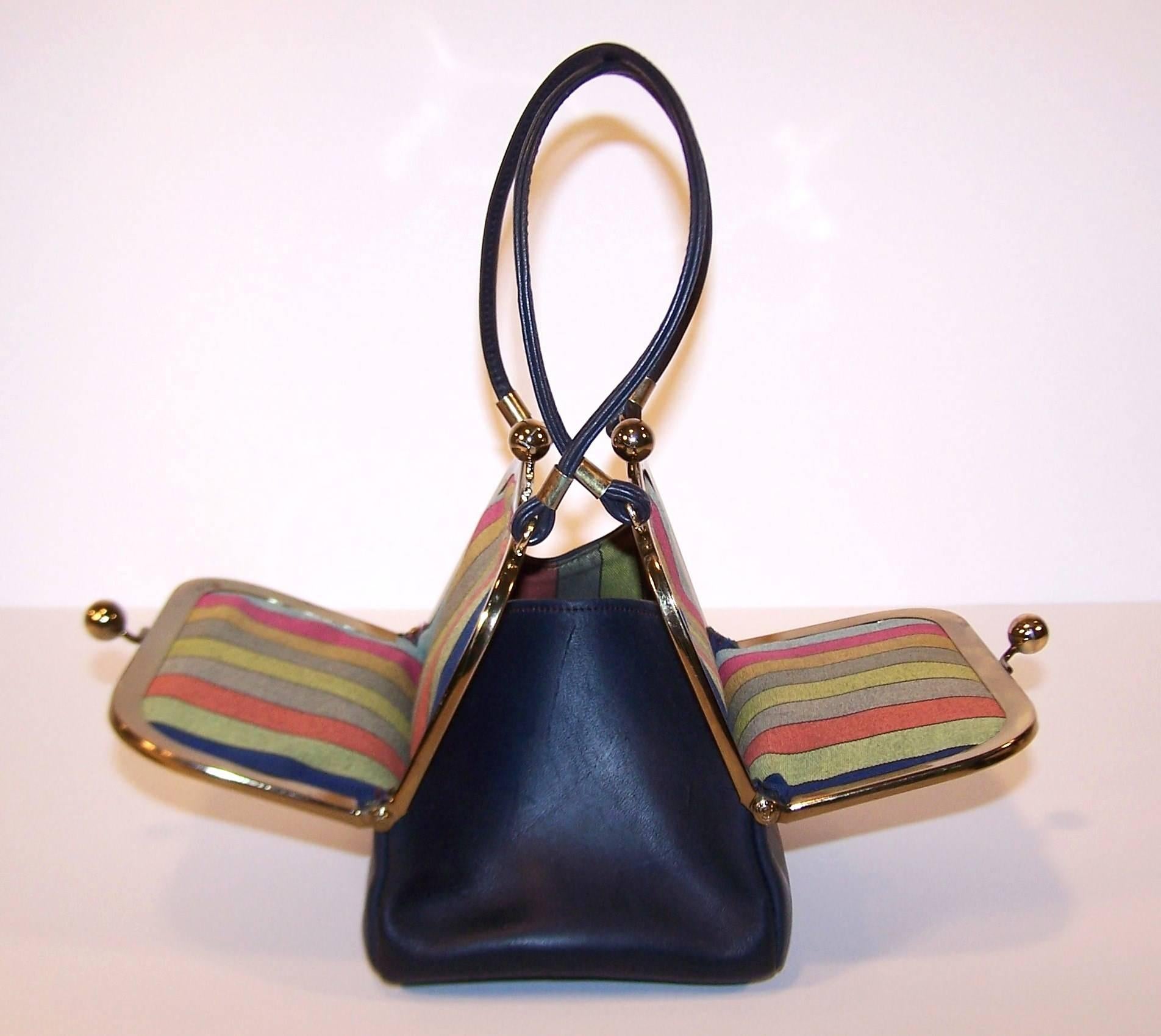 1960's Bonnie Cashin Double Kiss Lock Mini Leather Handbag With Stripe Interior In Good Condition In Atlanta, GA