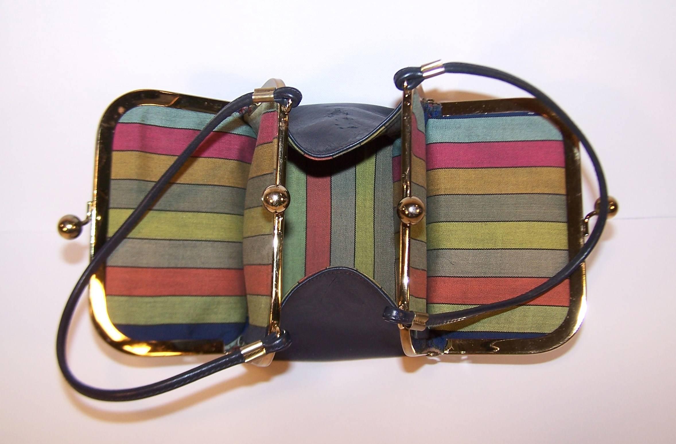 Women's 1960's Bonnie Cashin Double Kiss Lock Mini Leather Handbag With Stripe Interior